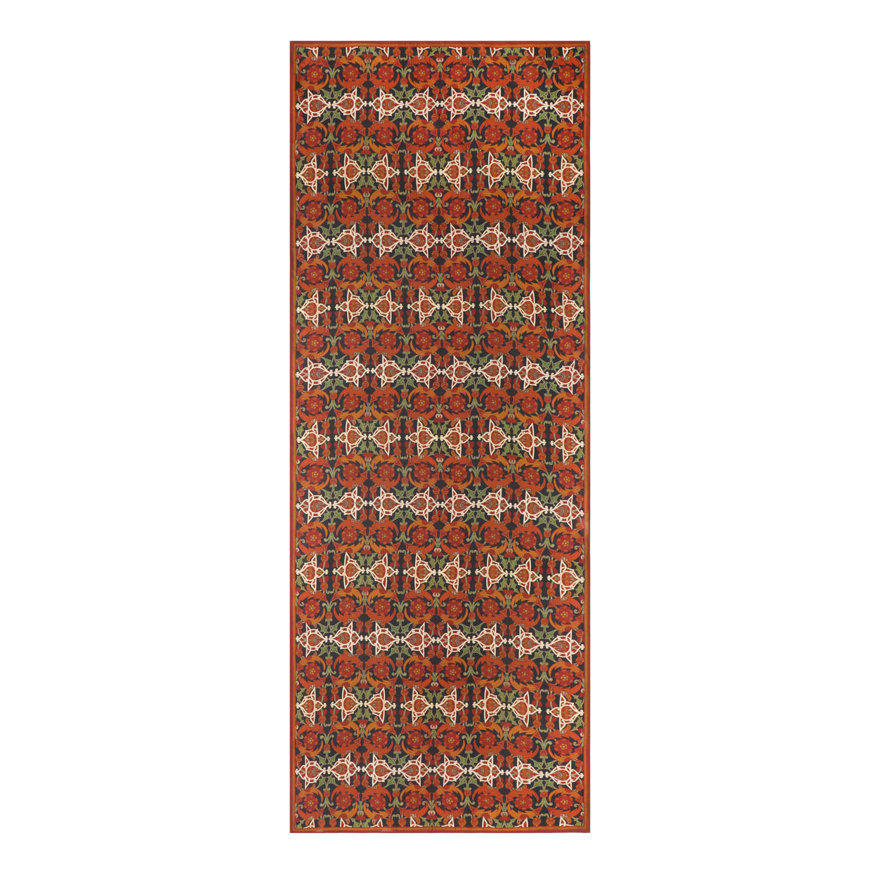The Elegant Womens Scarf with Islamic Art-Inspired Print Samani features an ornate geometric and floral design in red, orange, green, and cream, reminiscent of classic Islamic art motifs.