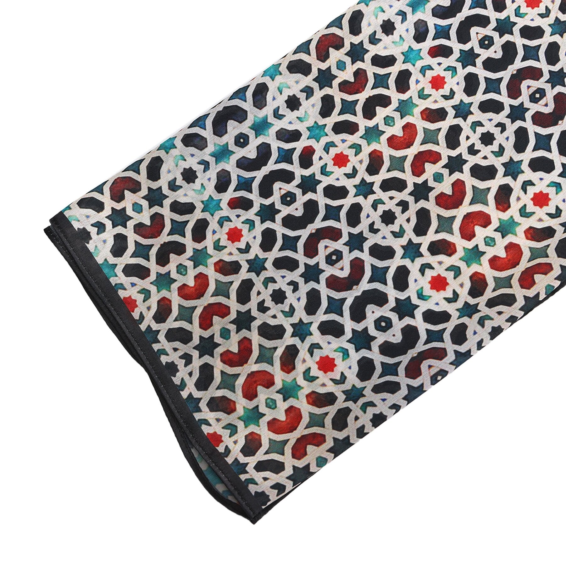 Pañuelo Gannat – estampado de mosaico andalusí en antracita y coral, detalle 7