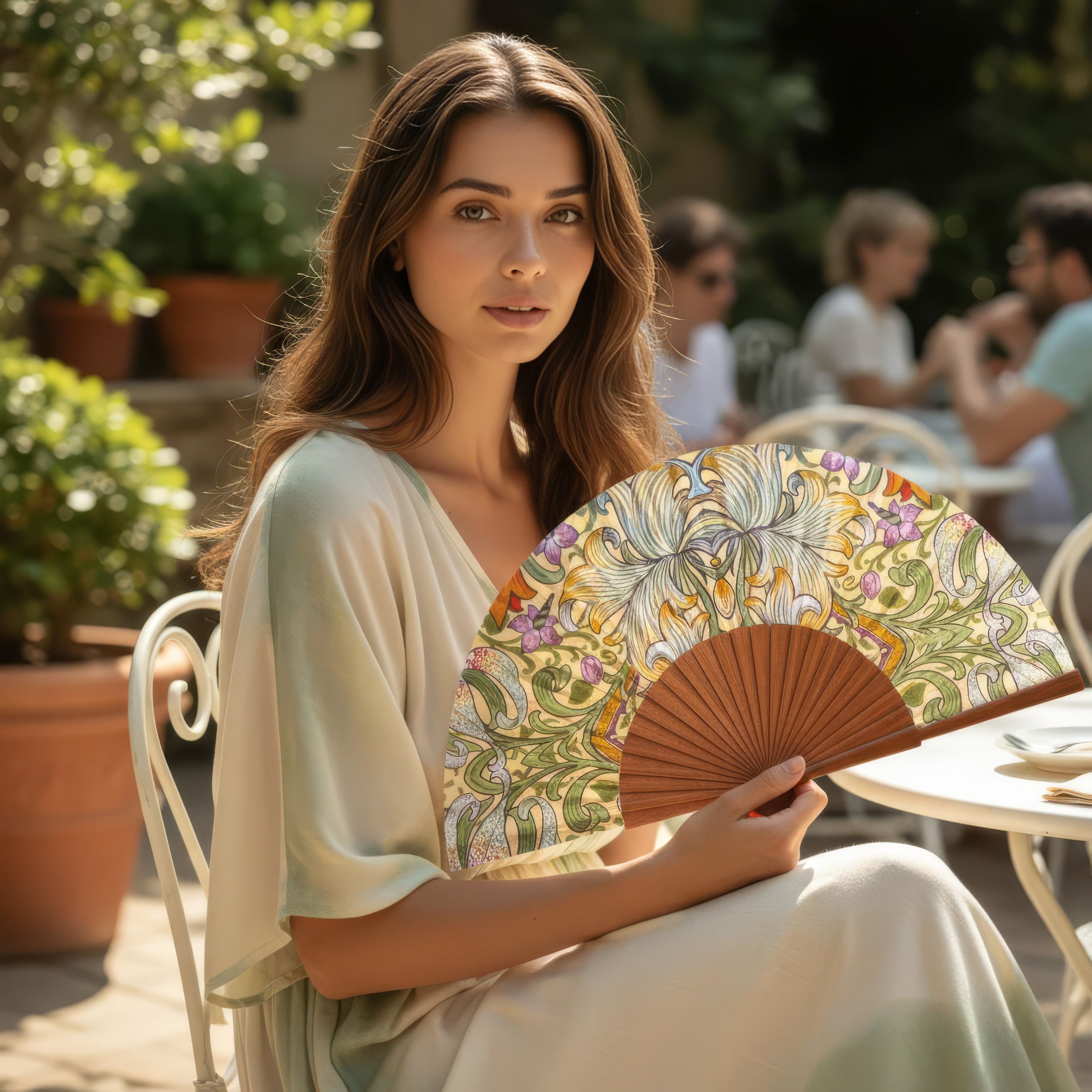 A woman in a flowing dress sits at an outdoor café, holding the Spanish Hand Fan with Floral Print Georg. She gazes at the camera, surrounded by lush greenery and other patrons in the background.