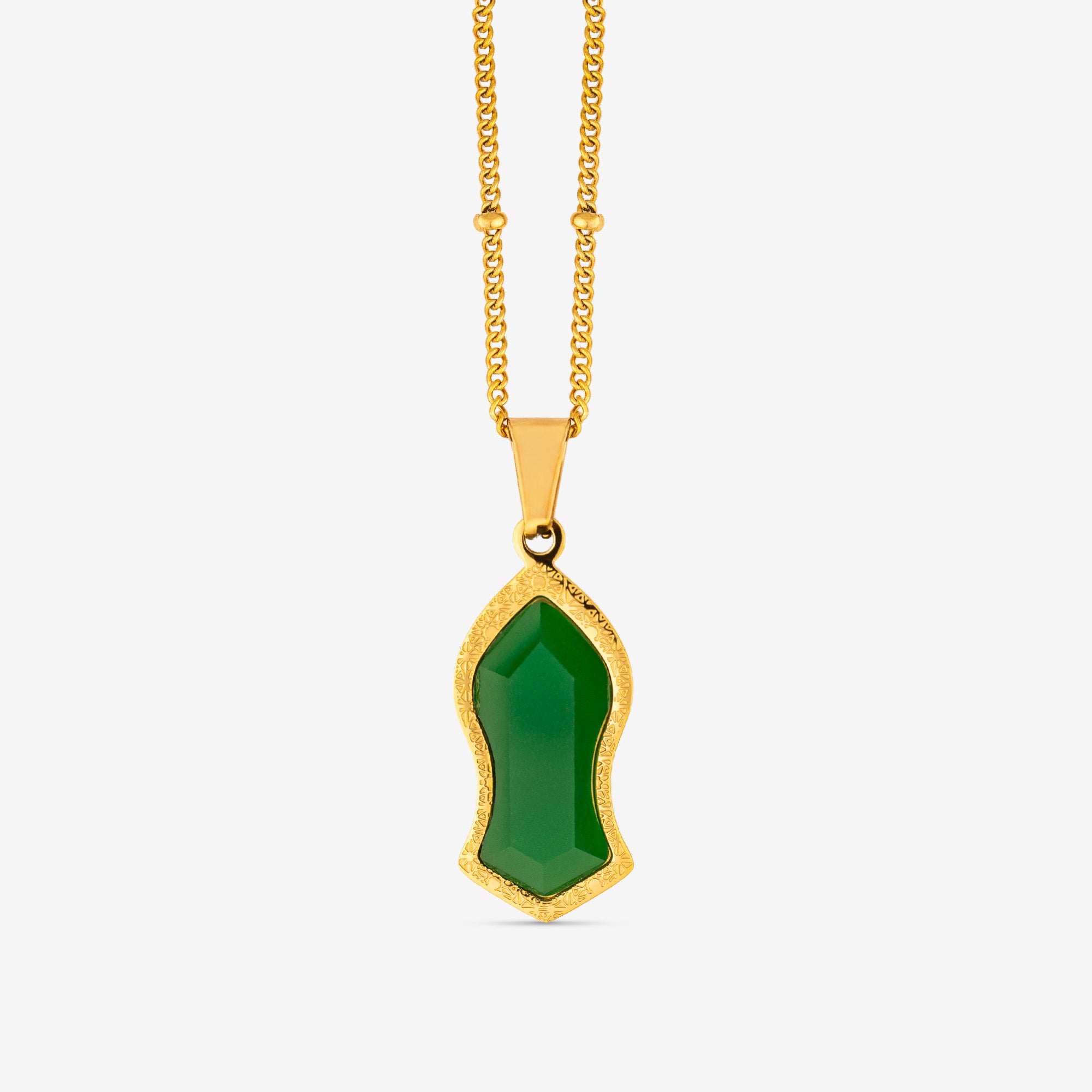 Gold plated nalayn necklace with a faceted green stone in an engraved frame