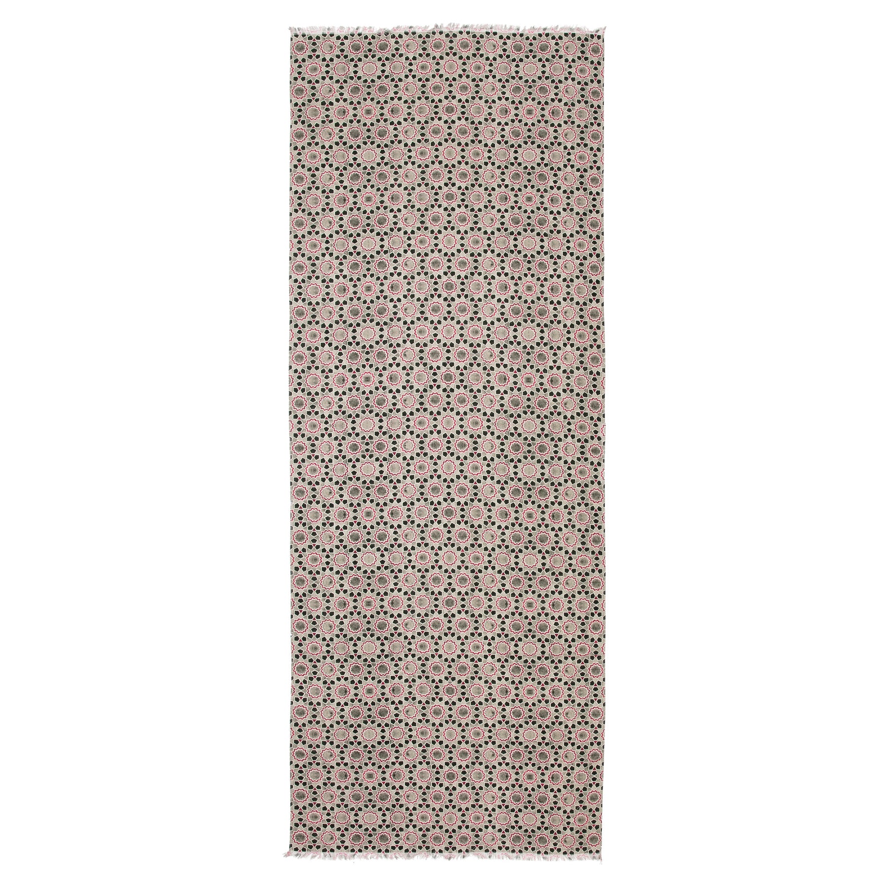 The Gray & Red Silk Wool Scarf Rihla V2 features a repeating geometric floral pattern inspired by Islamic Art in black and cream on a muted pink background, finished with fringed edges.