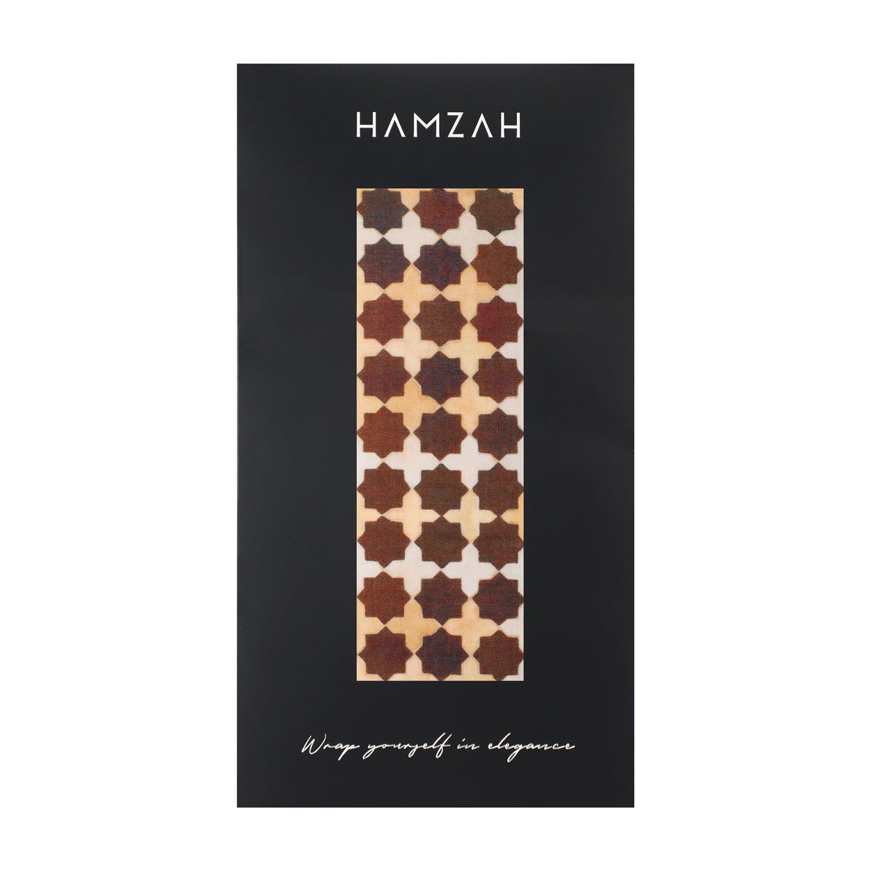 A rectangular Islamic art-inspired modal scarf in brown, beige, and white geometric patterns, displayed on black packaging labeled HAMZAH—the Andalus scarf wraps you in timeless elegance.