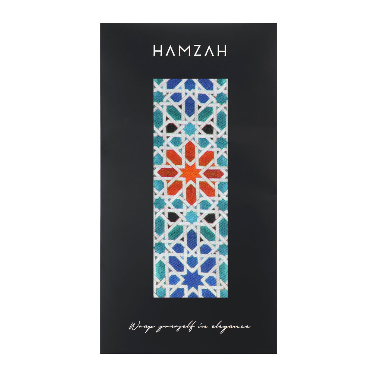 Packaging of Hamzah scarf featuring Moorish tile-inspired multicolor design.