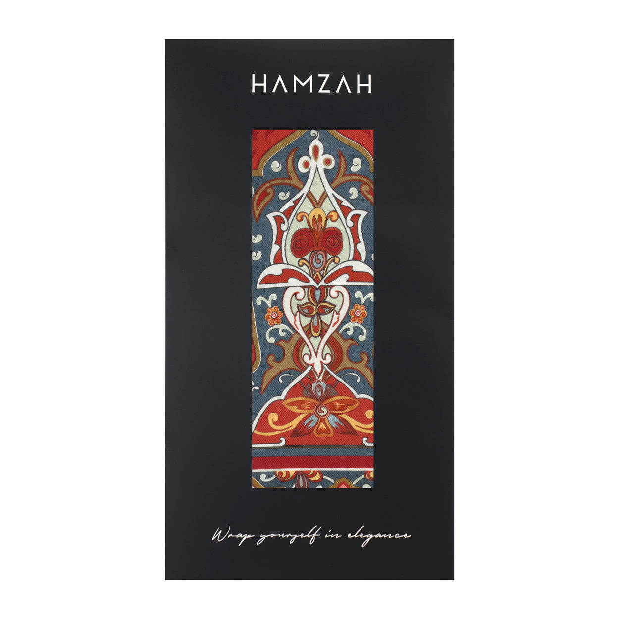 A black rectangular package with Isfahan-Inspired Red & Blue Scarf – 100% Modal at the top, a central vertical panel of vibrant, traditional patterns, and Wrap yourself in elegance at the bottom.