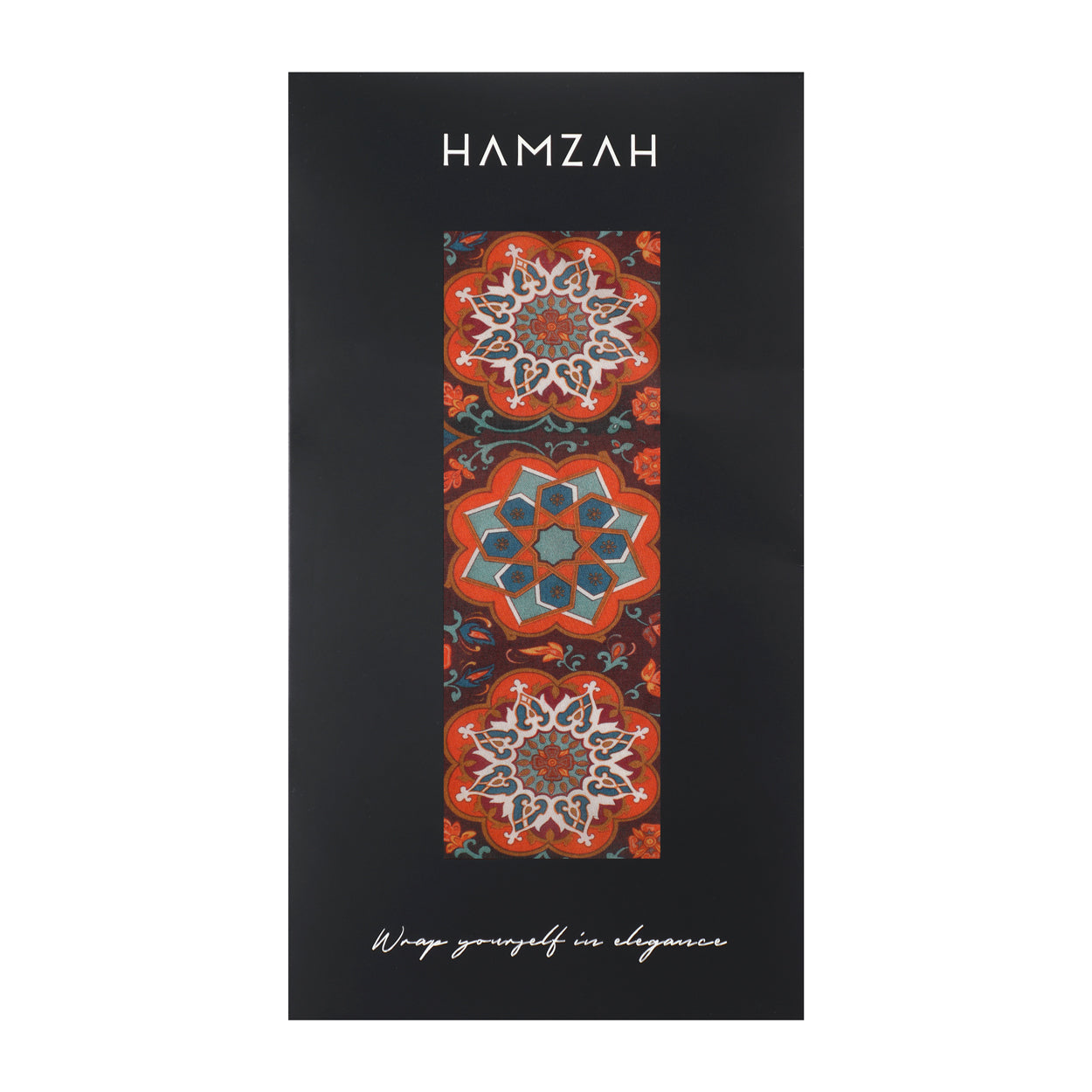 A black rectangular box features HAMZAH at the top and showcases the Islamic Art Scarf – Red & Blue Mandala Design, 100% Modal (Bahar) with vibrant mandala motifs. At the bottom it says, Wrap yourself in elegance.