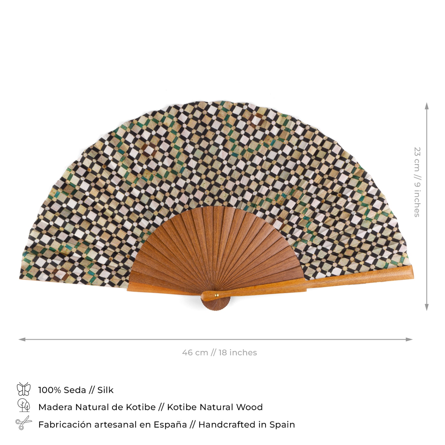 The Silk folding hand fan islamic art inspired Hub features natural silk and wood with a geometric, Alhambra tile-inspired pattern in black, white, green, and brown. Handcrafted in Spain, it measures 46 cm wide by 23 cm tall.