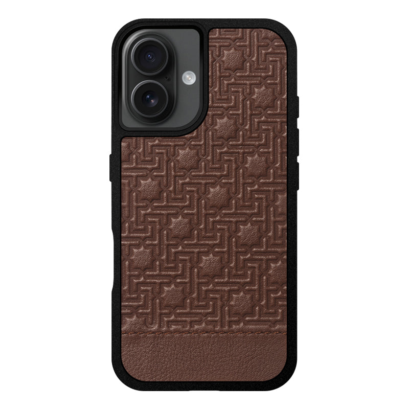 The iPhone 16 Leather Case Zellige Brown features a textured geometric design, slim profile, black border, and precise cutout for the dual rear camera in the top left corner.