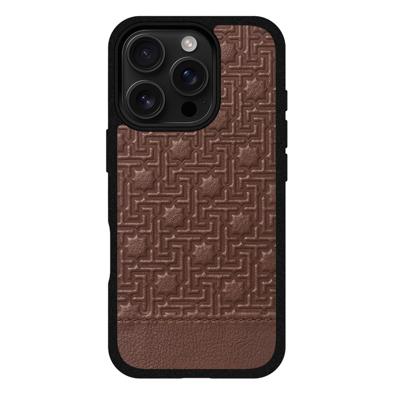 The iPhone 16 Leather Case Zellige Brown features a slim brown leather design with an embossed geometric pattern of interlocking shapes and stars, black border, and covers the back and sides for stylish, durable protection.