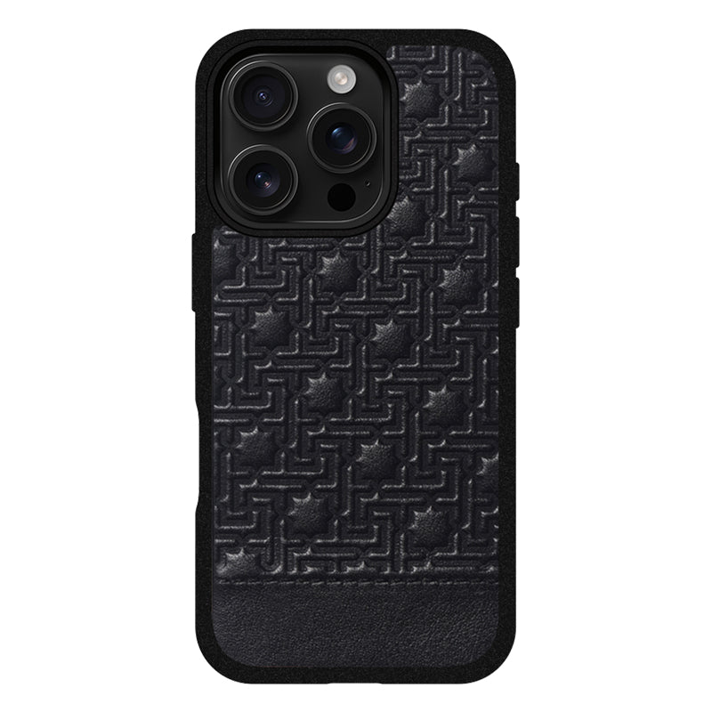 The Leather Case for iPhone 16 Zellige Black features a textured geometric pattern with raised design, three camera cutouts at the top left, and a smooth, black leather-like lower section for style and comfort.
