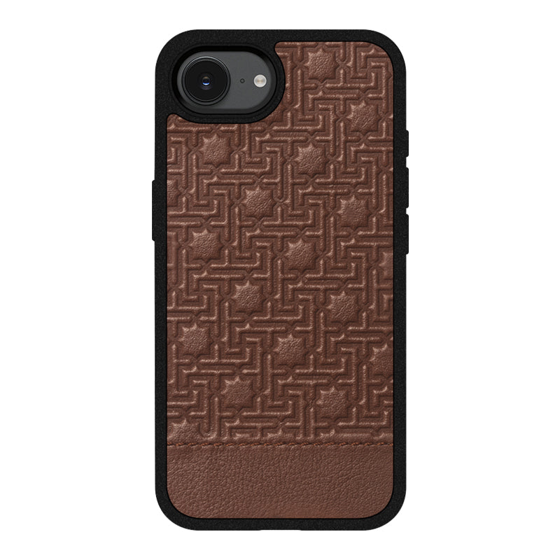 The iPhone 16 Leather Case Zellige Brown features a geometric embossed pattern, black edges, a slim profile, and a top-left camera cutout, blending style with eco-friendly materials.