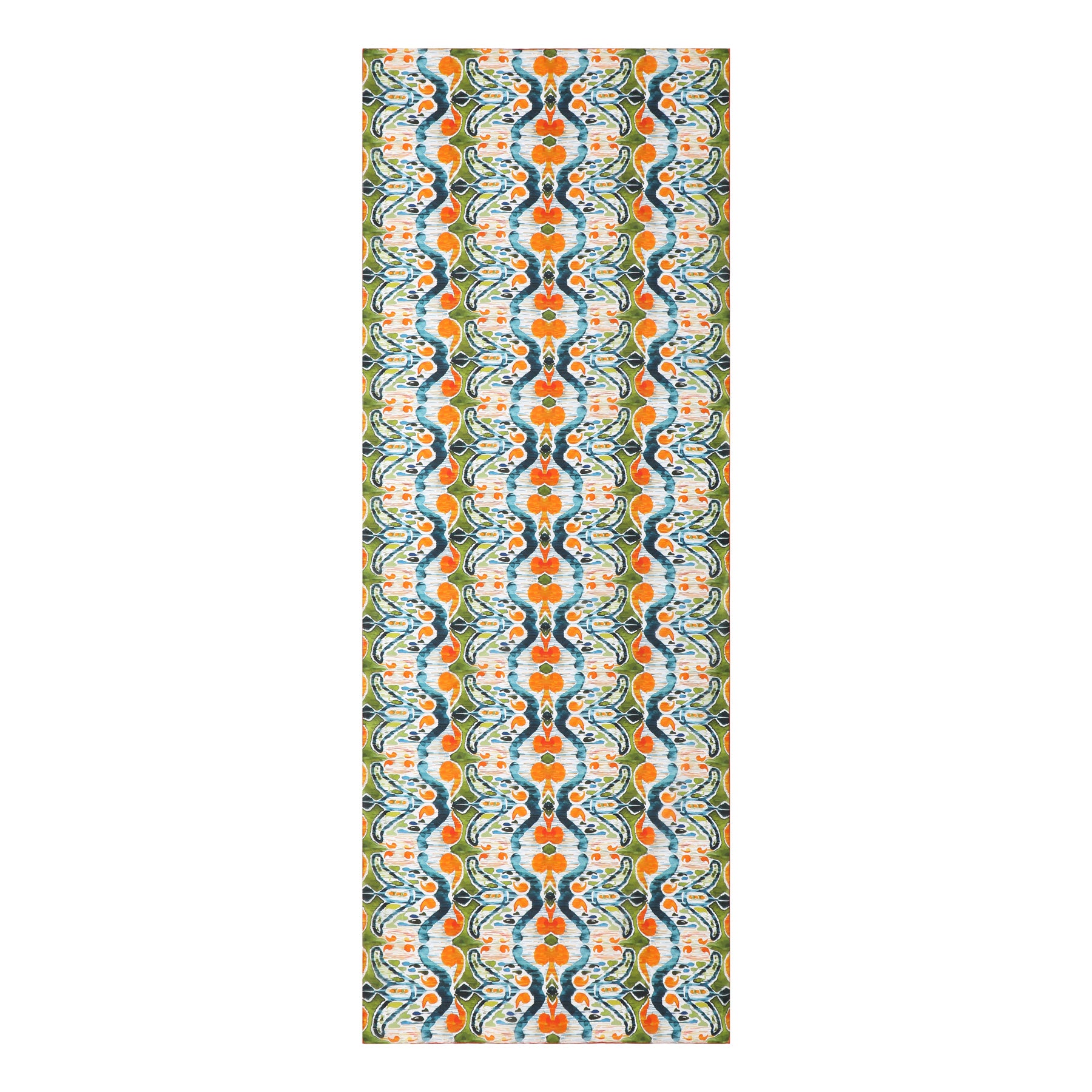 A green and orange silk scarf with an ikat print features a vibrant, symmetrical ethnic pattern with repeating abstract shapes and wavy lines.