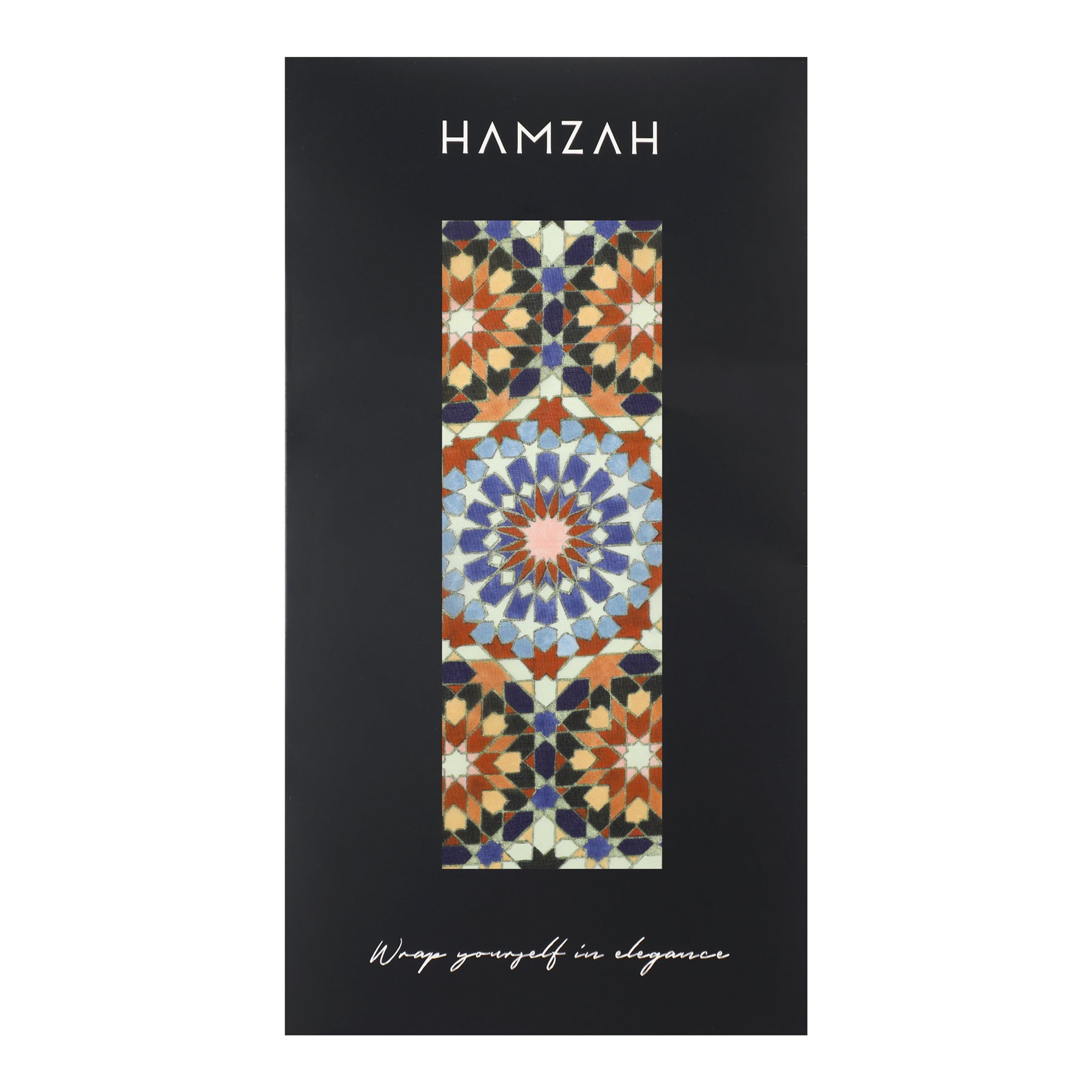 A rectangular box labeled Purple & Brown Silk Scarf Baraka V2 at the top, with a vibrant geometric Islamic mosaic pattern in the center. At the bottom on black: Wrap yourself in elegance.