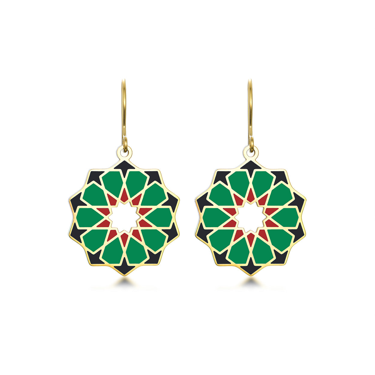 islamic art inspired dangle earrings with palestinian flag colors