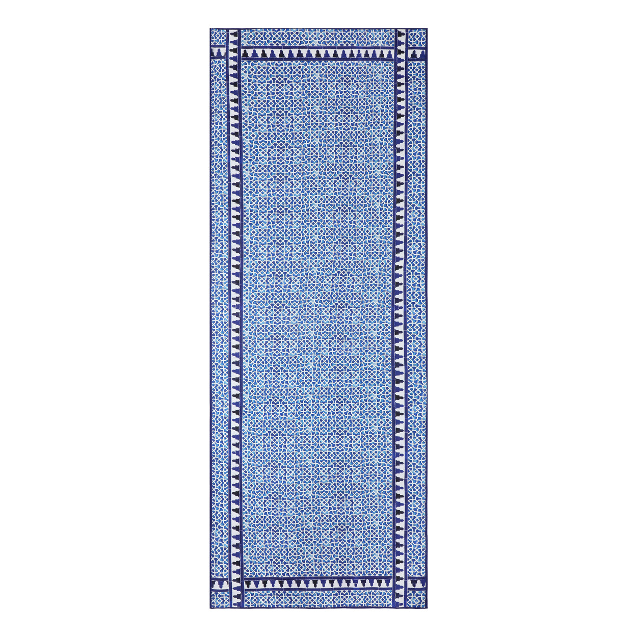A blue and white scarf, Alcazaba Azul by Aziza Iqbal, featuring Islamic art and geometric patterns inspired by traditional designs, displayed on a white background.