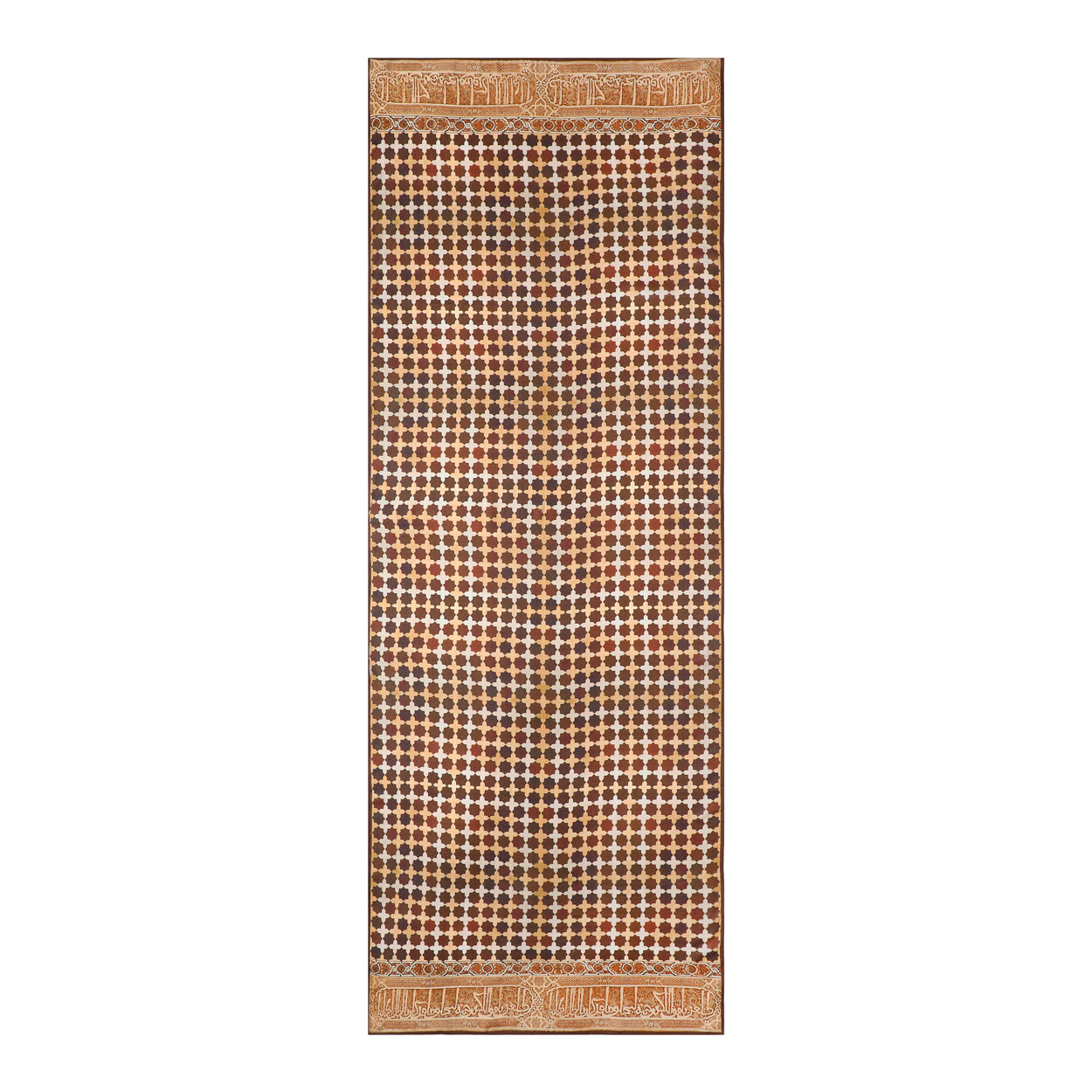 The Brown Islamic Art-Inspired Modal Scarf Andalus features geometric patterns in brown and beige with intricate gold detailing, beautifully displayed against a white background—ideal for pairing with prayer mats or other geometric accessories.
