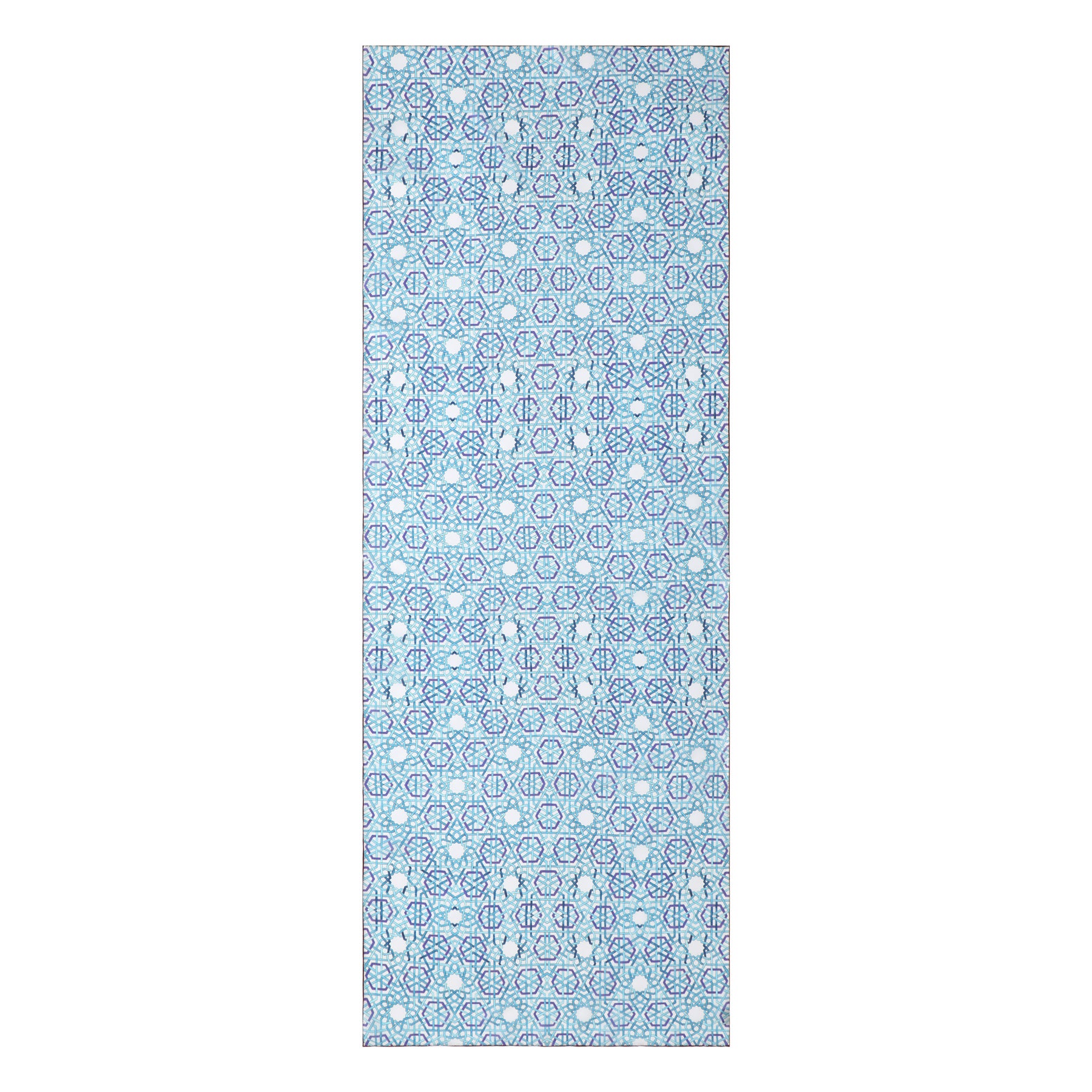 A rectangular silk scarf named Islamic Motifs Silk Scarf Hijaz V1 with a blue background, featuring an intricate Islamic geometric design of circles, hexagons, and lines in blue and white shades.