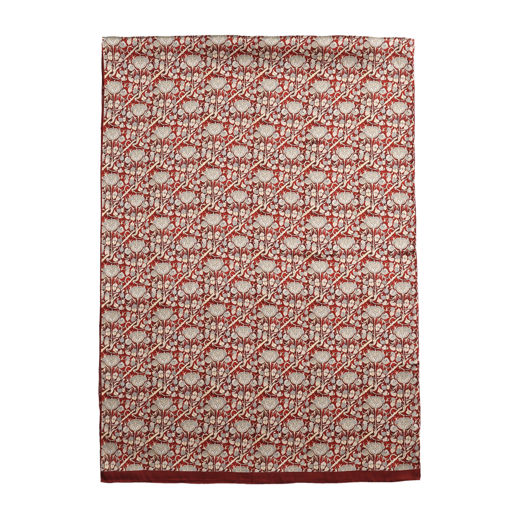 Rectangular satin silk scarf named Burgundy and Gray Silk Scarf with Roses Print Noisette, featuring a repeating geometric