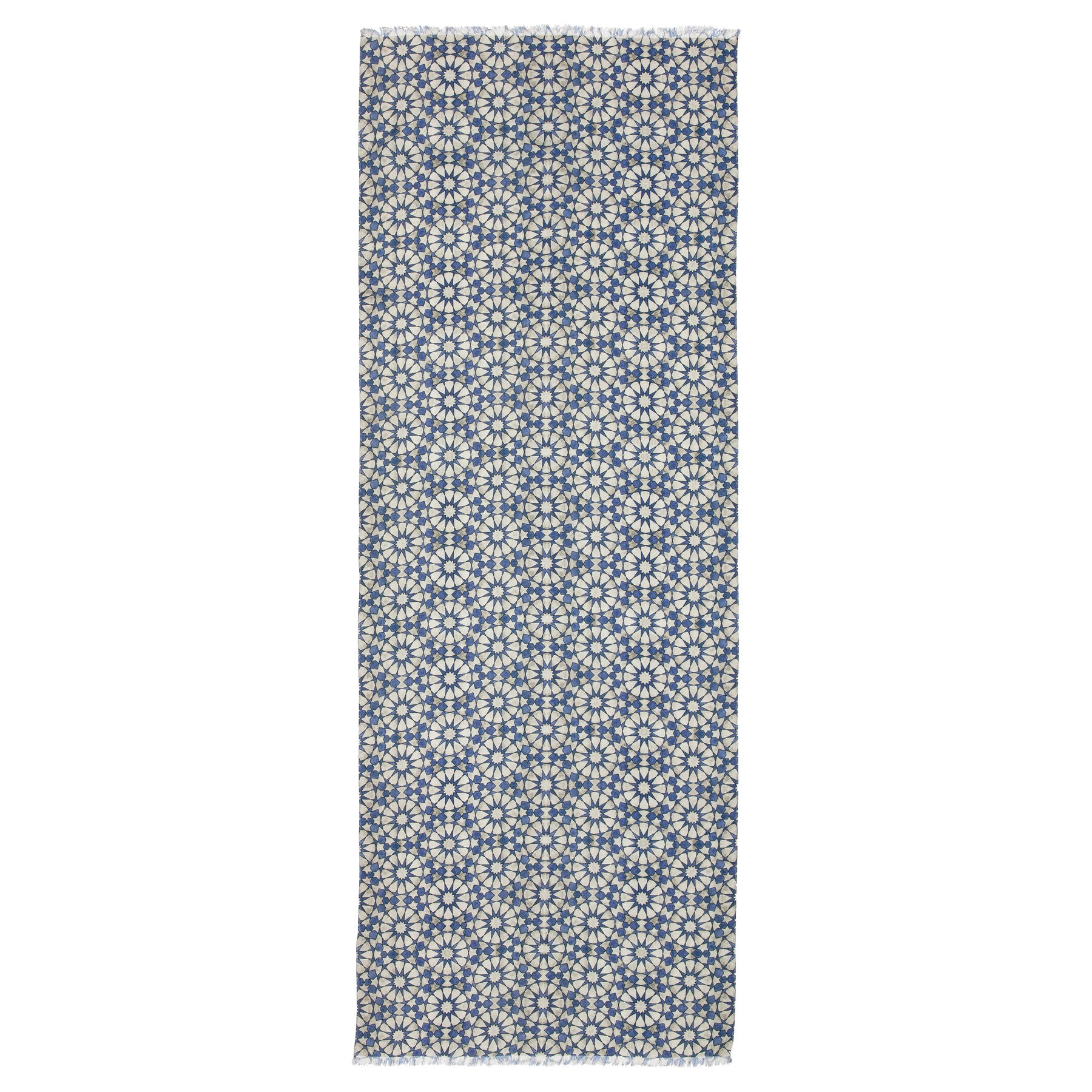 A silk and wool scarf featuring a repeating blue and gray geometric floral print with intricate circular designs inspired by cultural artistry, evenly spaced across the entire fabric.
