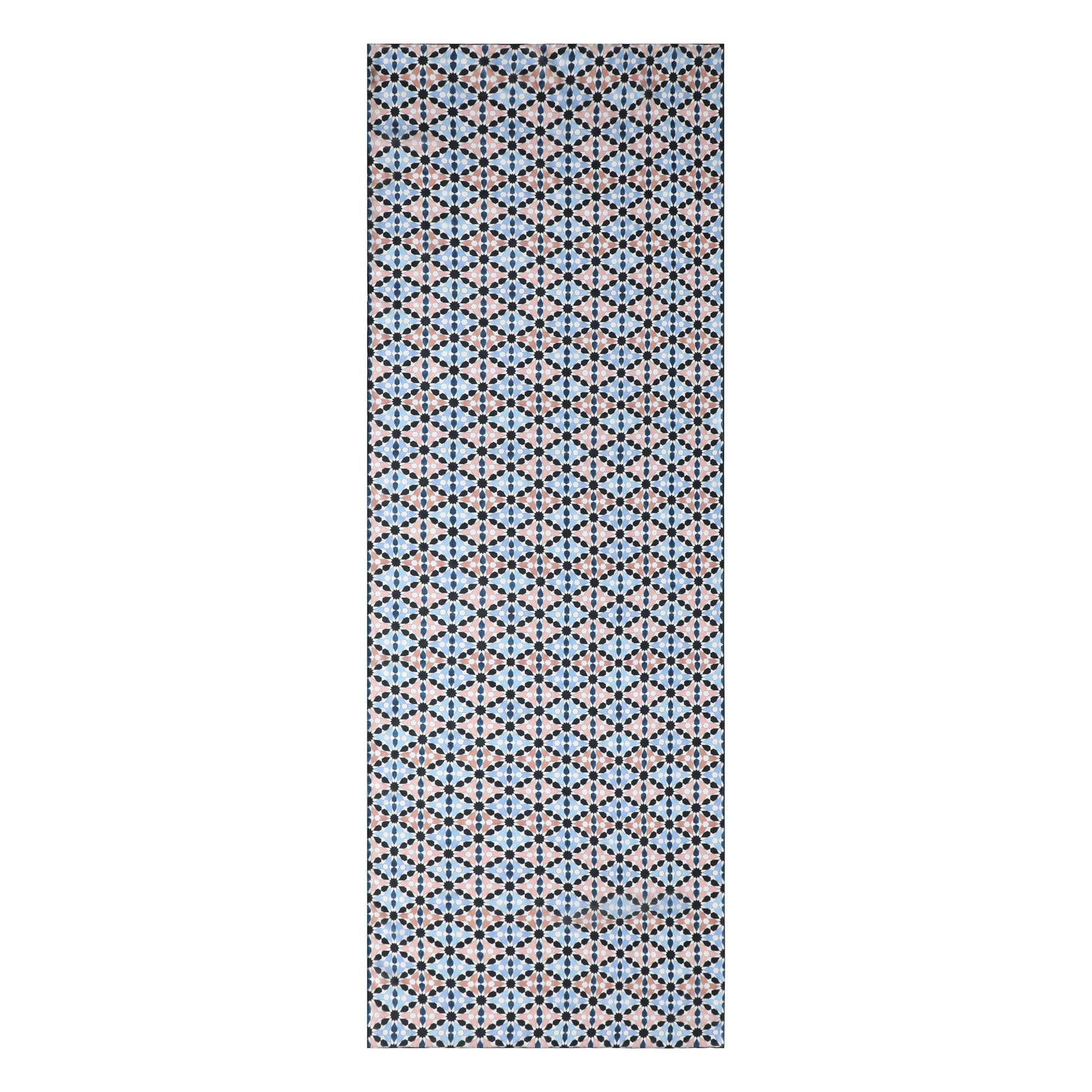 The Multicolor Habotai Silk Scarf Suhail V3 features a repeating geometric pattern inspired by Islamic Art, with blue, black, and beige diamond shapes on a white background. Shown against a plain white backdrop—ideal for modern fashion lovers.