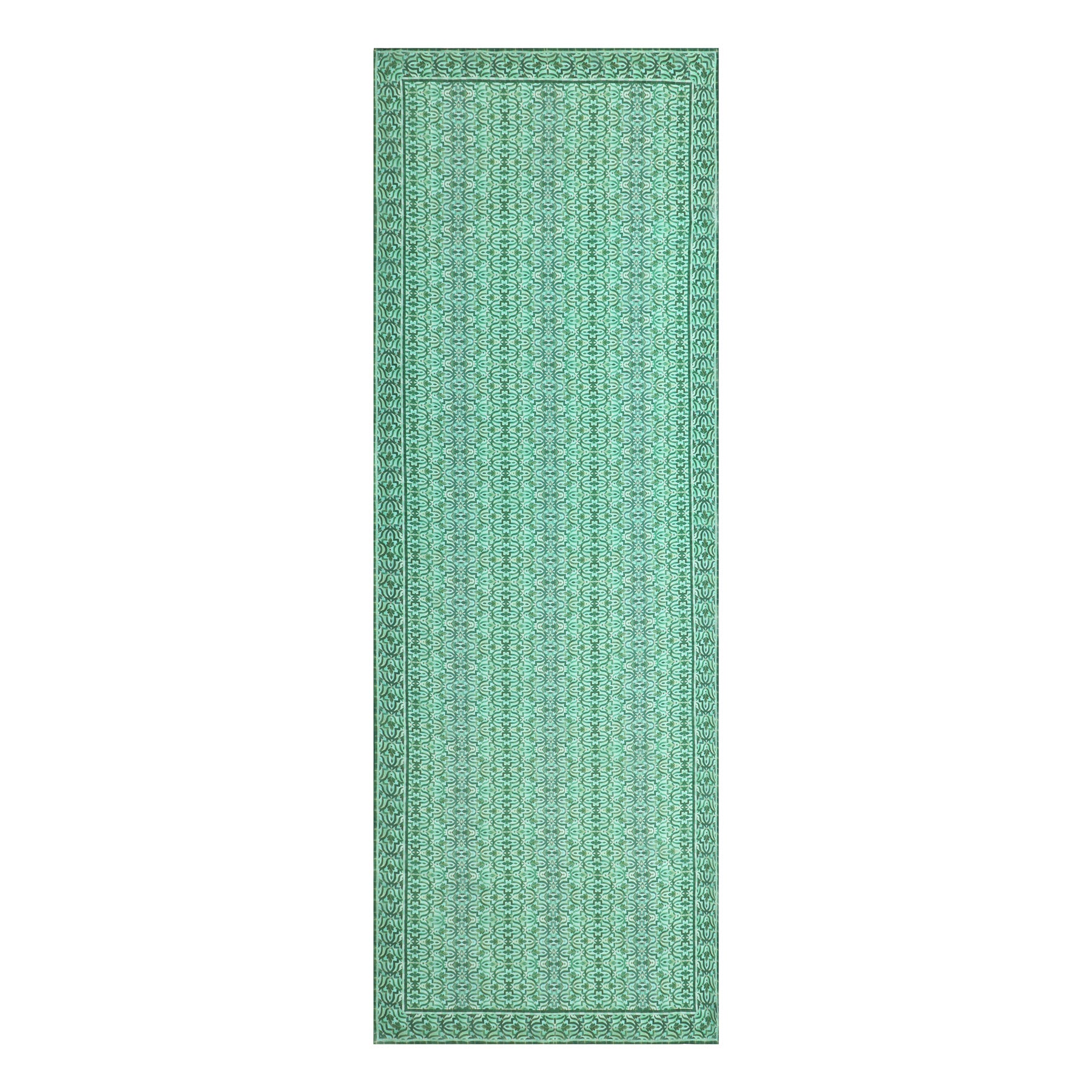 A rectangular green silk scarf featuring an intricate repeating Islamic tile-inspired pattern and decorative border, viewed from above on a white background.