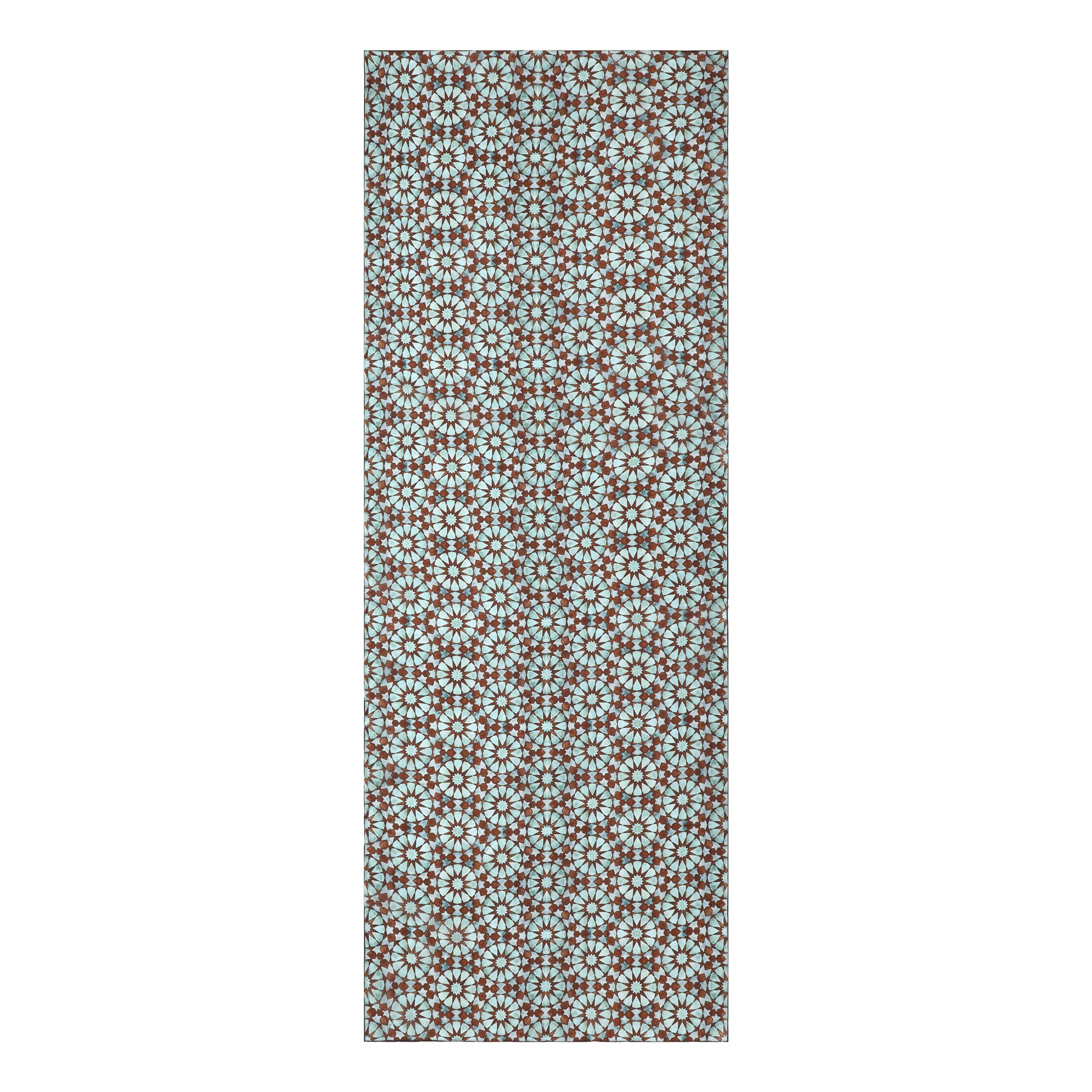 The Islamic Pattern Tiles Silk Scarf Muqarnas V1 features a repeating geometric pattern of blue and brown starburst shapes on a light blue background, inspired by traditional Islamic tile designs.