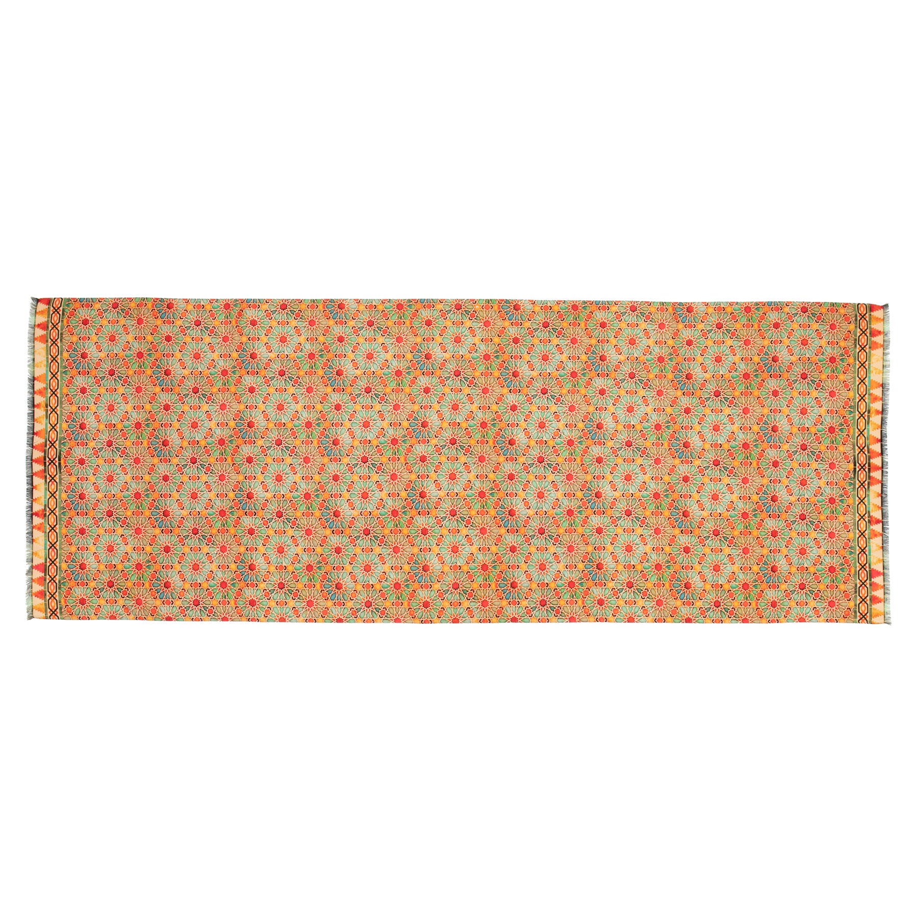 The Wool & Silk Islamic Art Inspired Orange Scarf features a rectangular shape with intricate geometric and floral patterns in green, red, and orange hues. It’s bordered by a decorative edge and showcases densely detailed, symmetrical cultural artistry.