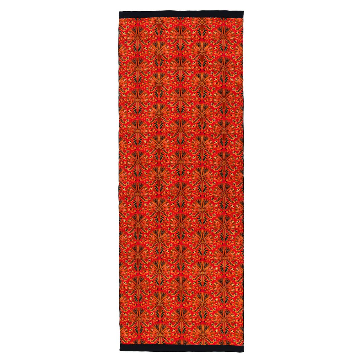 large red scarf featuring an art nouveau print