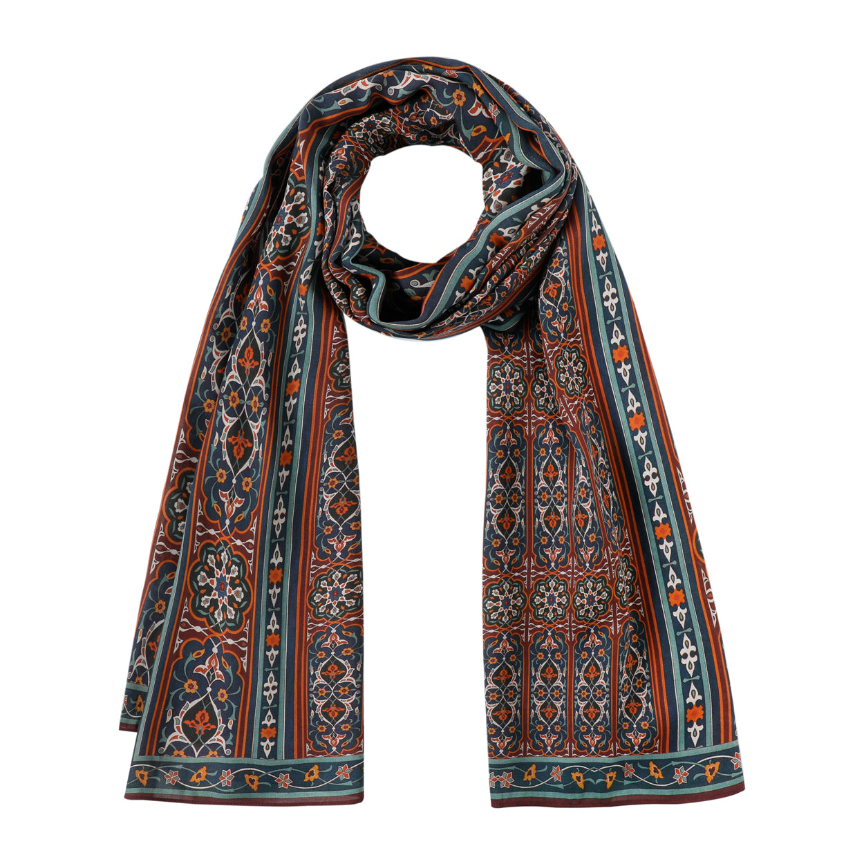 Detailed fabric texture of modal scarf with Isfahan motifs.
