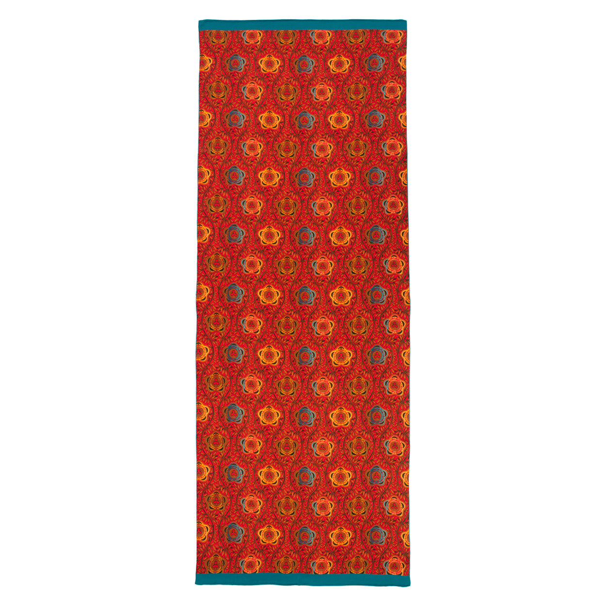 A rectangular red and blue silk scarf features a marigold-inspired floral print and a teal border on the shorter edges, blending whimsical charm with elegant art nouveau style.