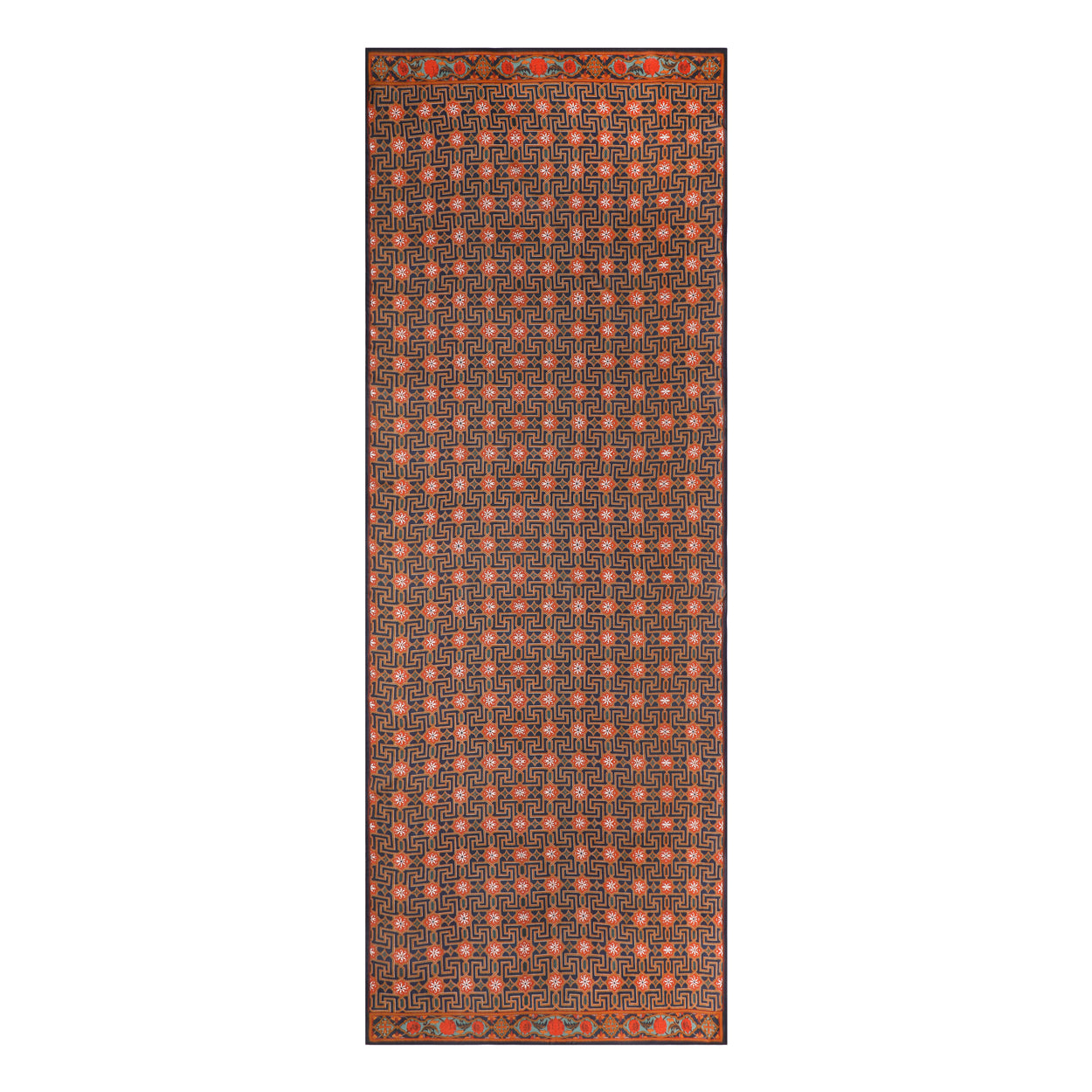Scarf with Islamic Art-inspired geometric print Lyabi: features a symmetrical, densely detailed black and reddish-orange pattern with turquoise and orange floral accents, reminiscent of a Lyabi motif.