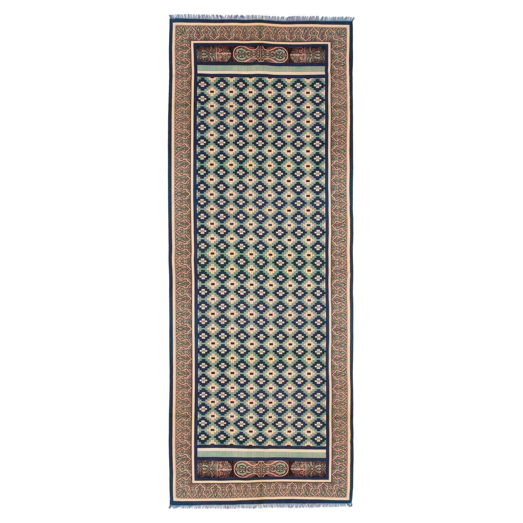 The Silk and Wool Scarf Ziyarat features intricate patterns inspired by cultural artistry, with repeating geometric motifs in blue, cream, and black, accented by decorative brown and beige borders.