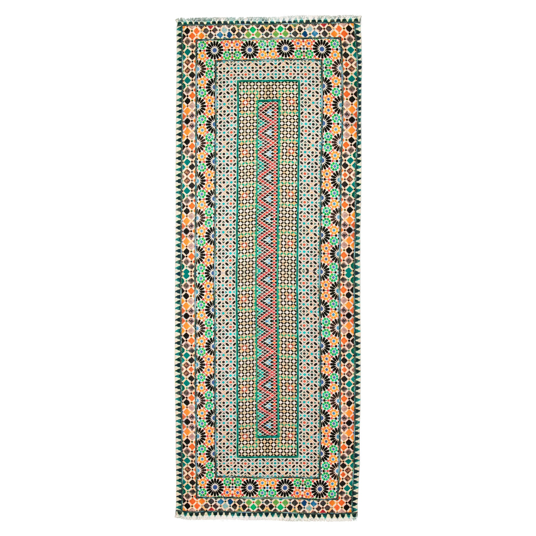 The Silk and Wool Scarf Mehdya features an intricate design inspired by Islamic Art, showcasing geometric shapes and floral motifs in green, orange, black, and white with elegant borders and a luxurious central pattern.