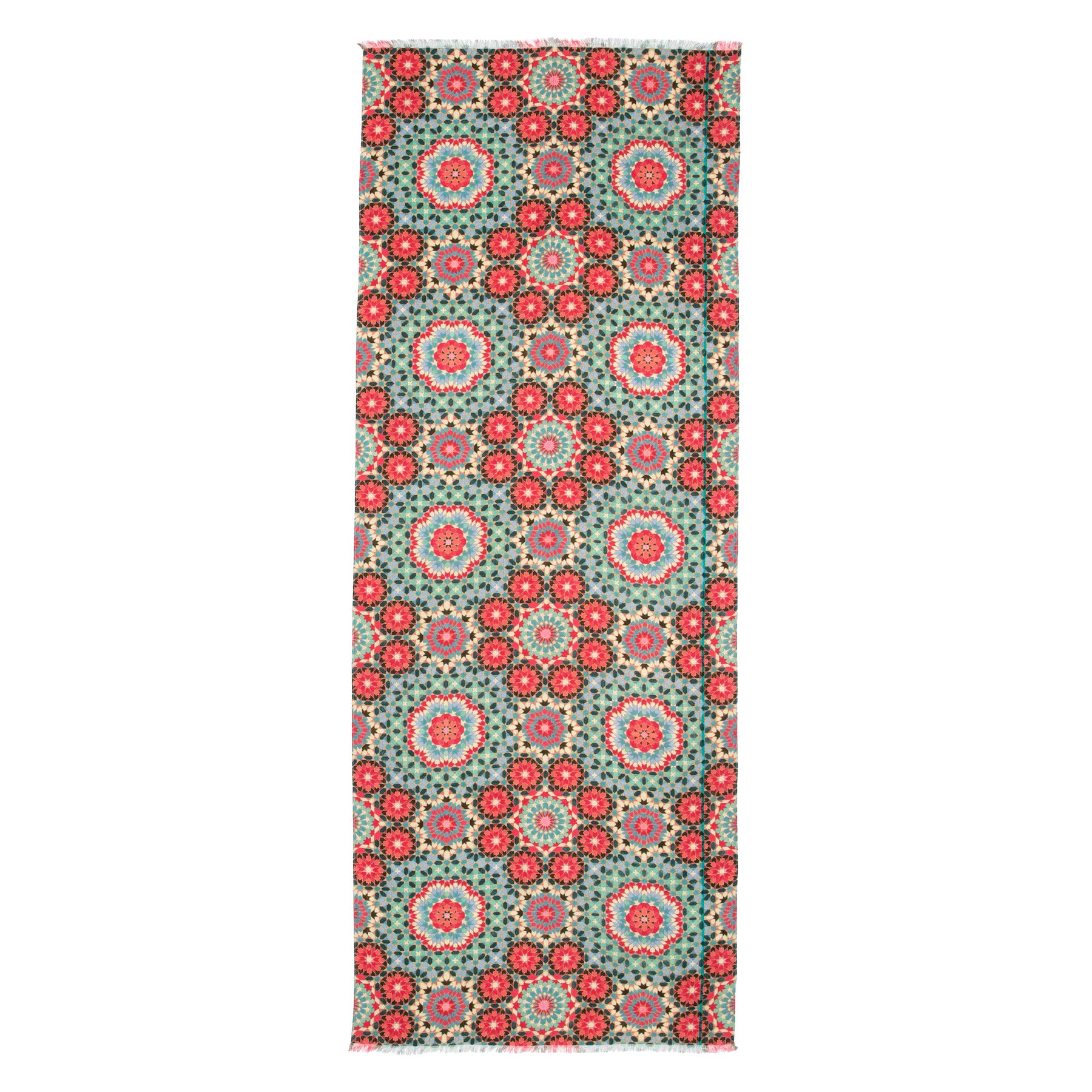 The Large Silk and Wool Multicolor Scarf Baraka V1 showcases intricate, repeating geometric and floral patterns in red, blue, black, and beige tones, arranged in symmetrical circular designs reflecting cultural artistry.