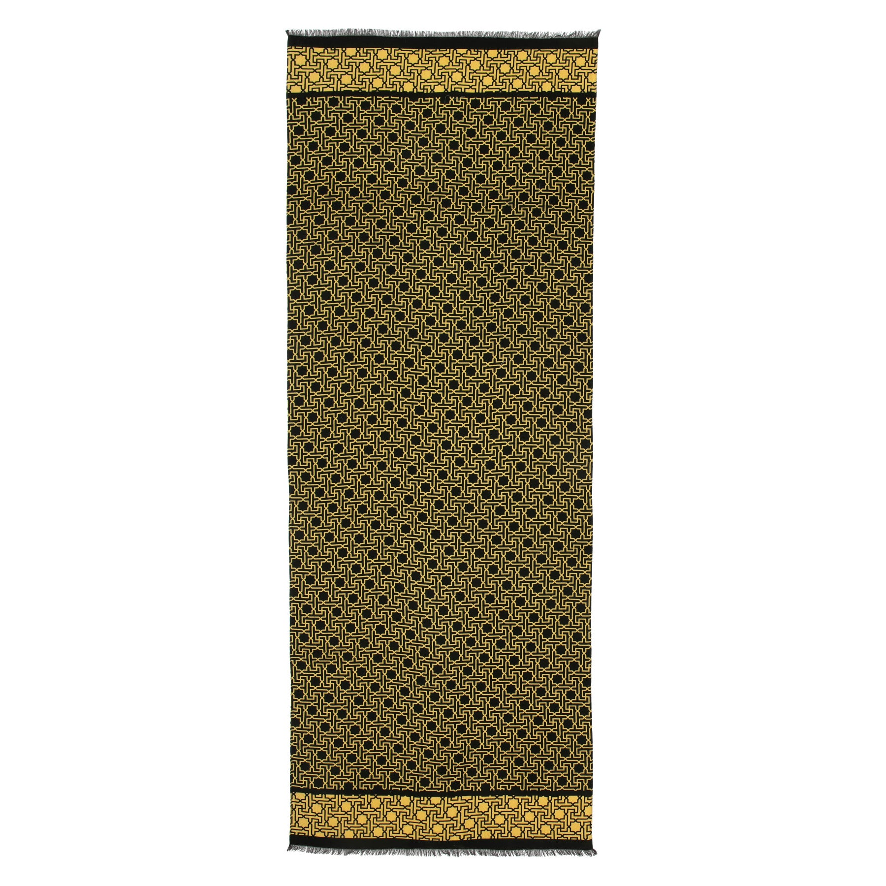 Silk Wool Black and Gold Scarf Rawdah V3: A rectangular black and gold scarf featuring intricate geometric patterns throughout, finished with solid gold bands adorned with Islamic designs at the top and bottom edges.