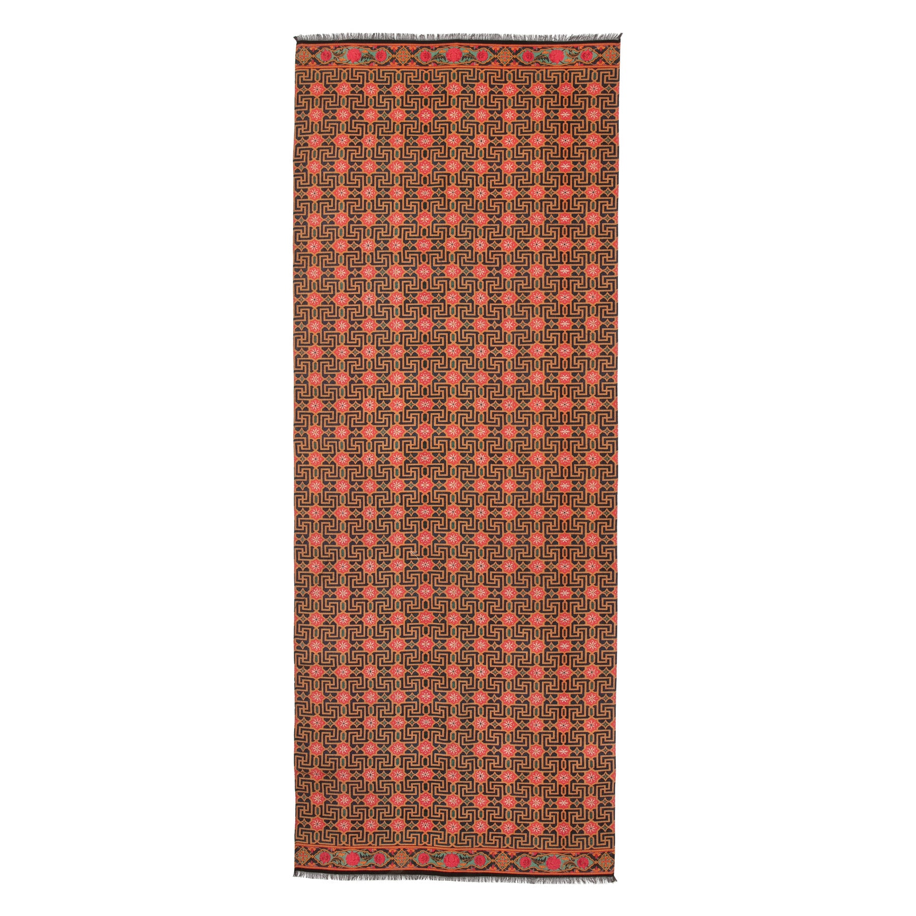 The Silk and Wool Scarf Lyabi features a rectangular shape with a black and red geometric pattern and diamond motif borders, echoing the refined elegance of Islamic art print designs.