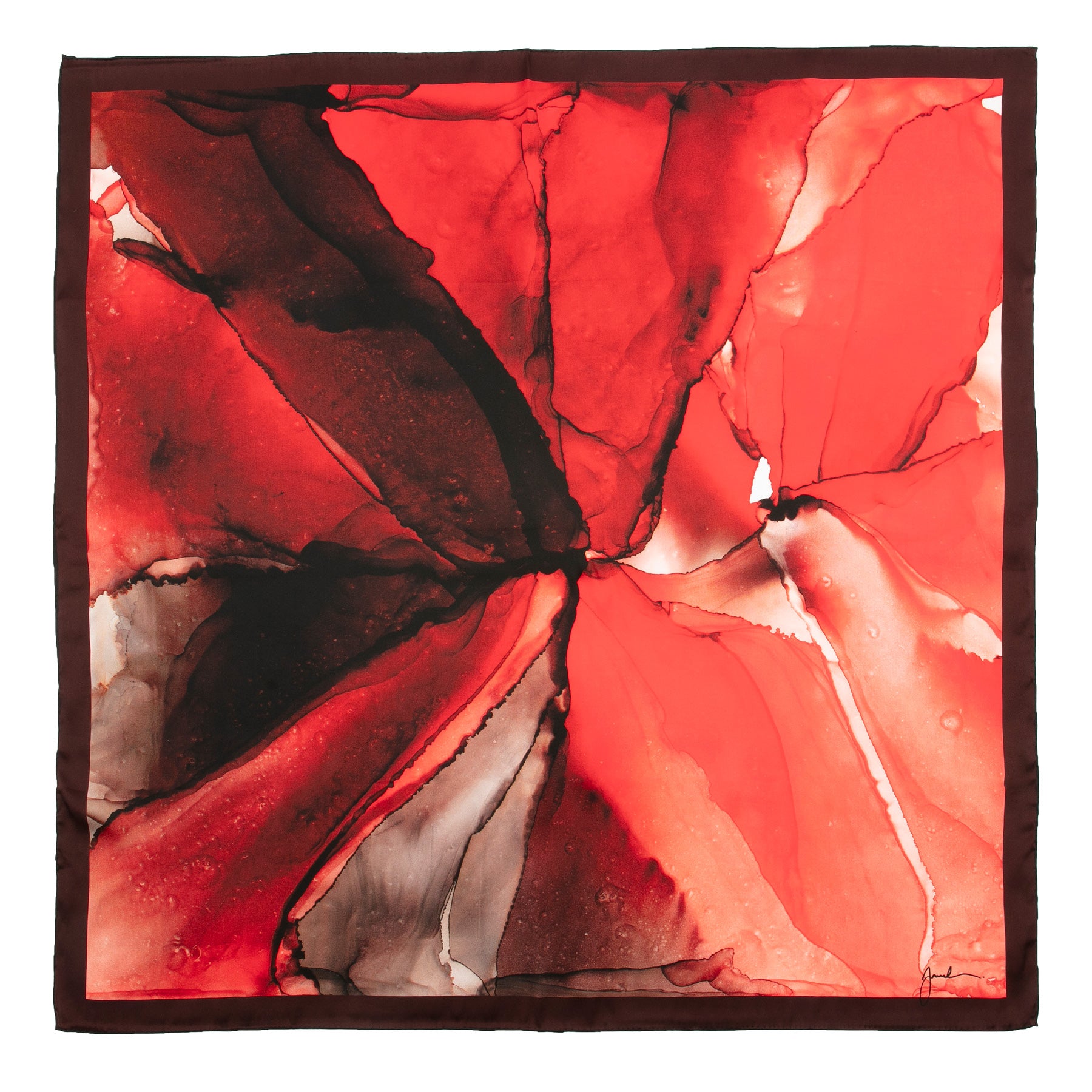 The Red Silk Scarf Square Fluid Art features an abstract marbled design in red, black, and white with a dark brown border—a bold square silk scarf for those seeking striking style.