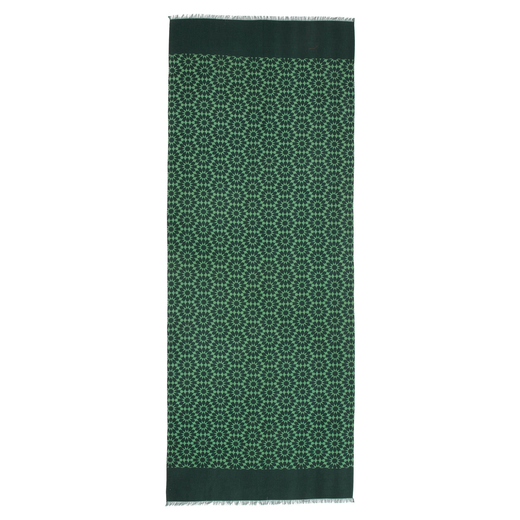 The Silk and Wool Green Scarf Dinah V1 is a rectangular accessory with an Islamic geometry print, small floral pattern, solid dark green end borders, and short fringes for refined style.