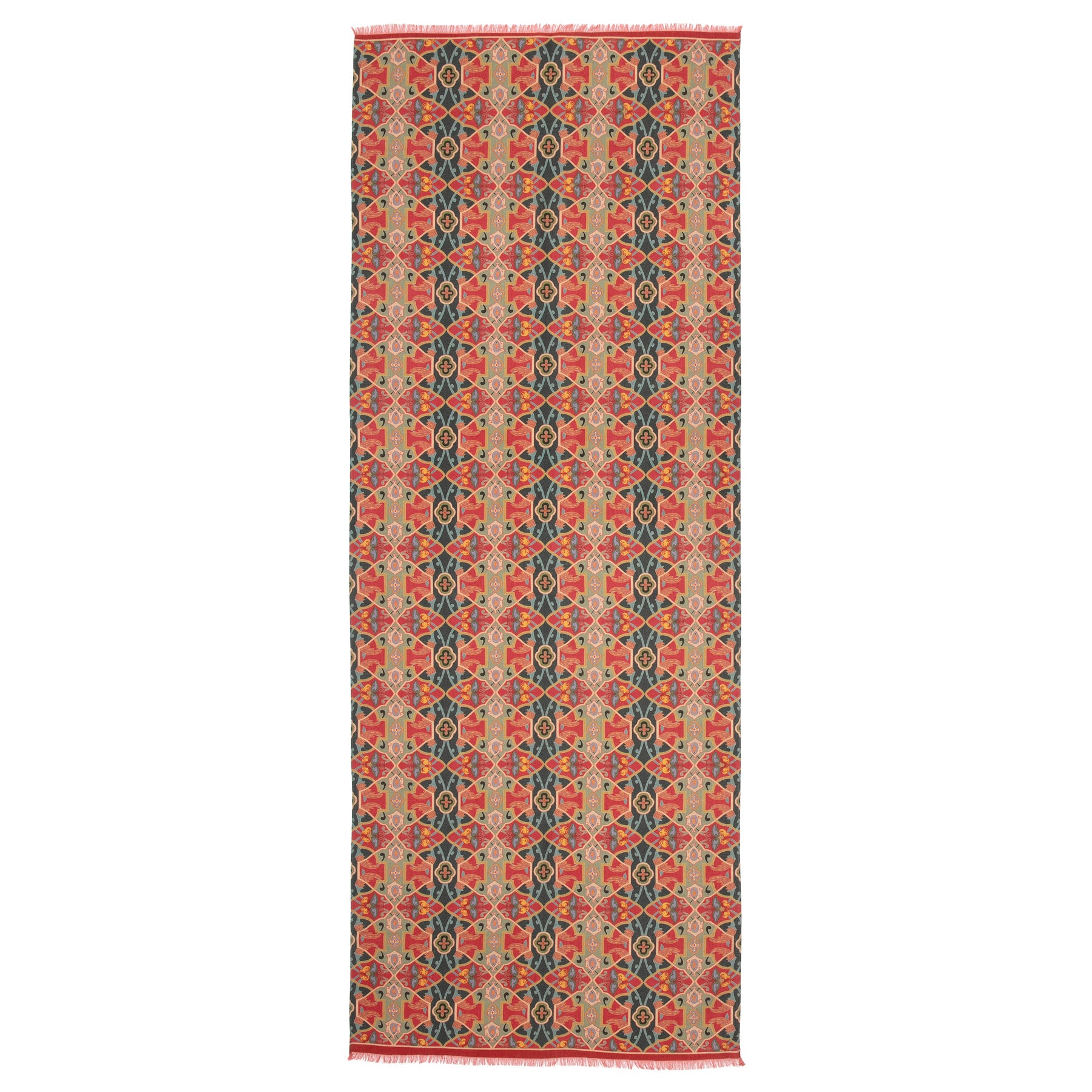 The Silk and Wool Red Scarf Rania features a repeating geometric pattern in red, green, and beige tones with symmetrical shapes and intricate designs inspired by Islamic art motifs.
