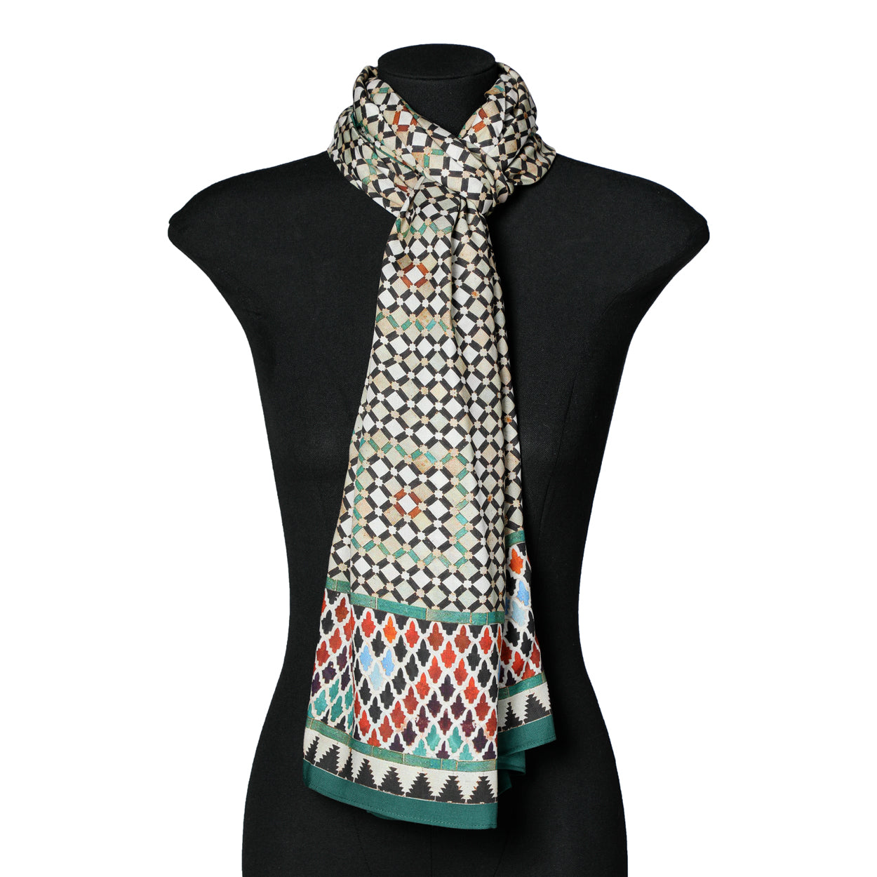Mannequin wearing a scarf inspired by Moorish mosaic tiles