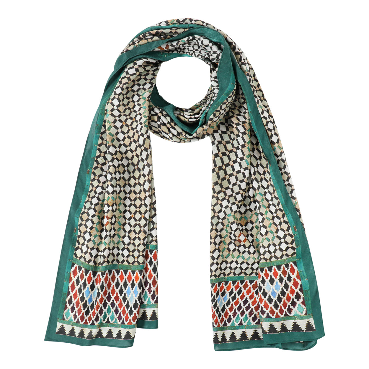 Moorish mosaic tile pattern on a scarf in green and earthy tones