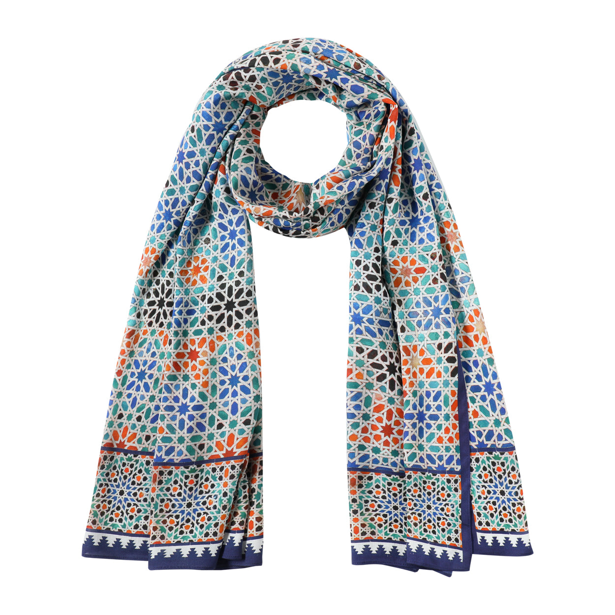 Multicolor modal scarf inspired by Moorish tile patterns displayed flat.