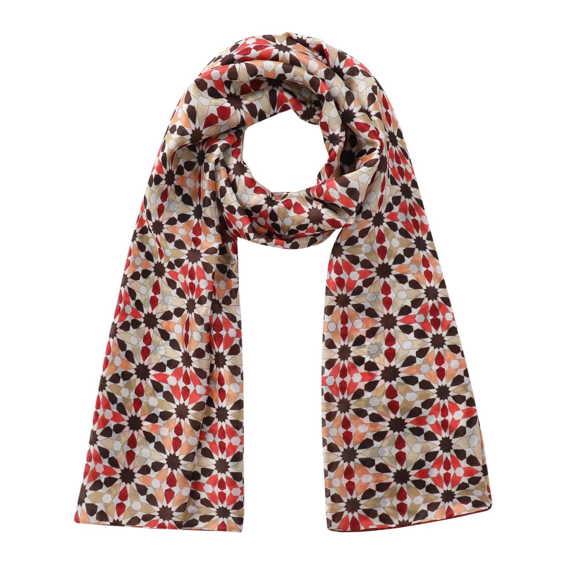 The Hamzah Islamic Mosaic Tile Silk Scarf Suhail V1 is a Habotai silk scarf with geometric patterns inspired by Islamic mosaic tiles, featuring circular designs in red, black, beige, and white.