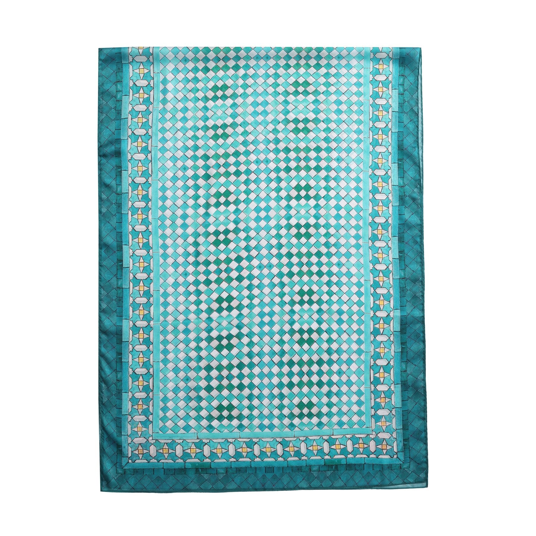 Pañuelo Naqs – estampado de mosaico andalusí en turquesa y agua, detalle 2