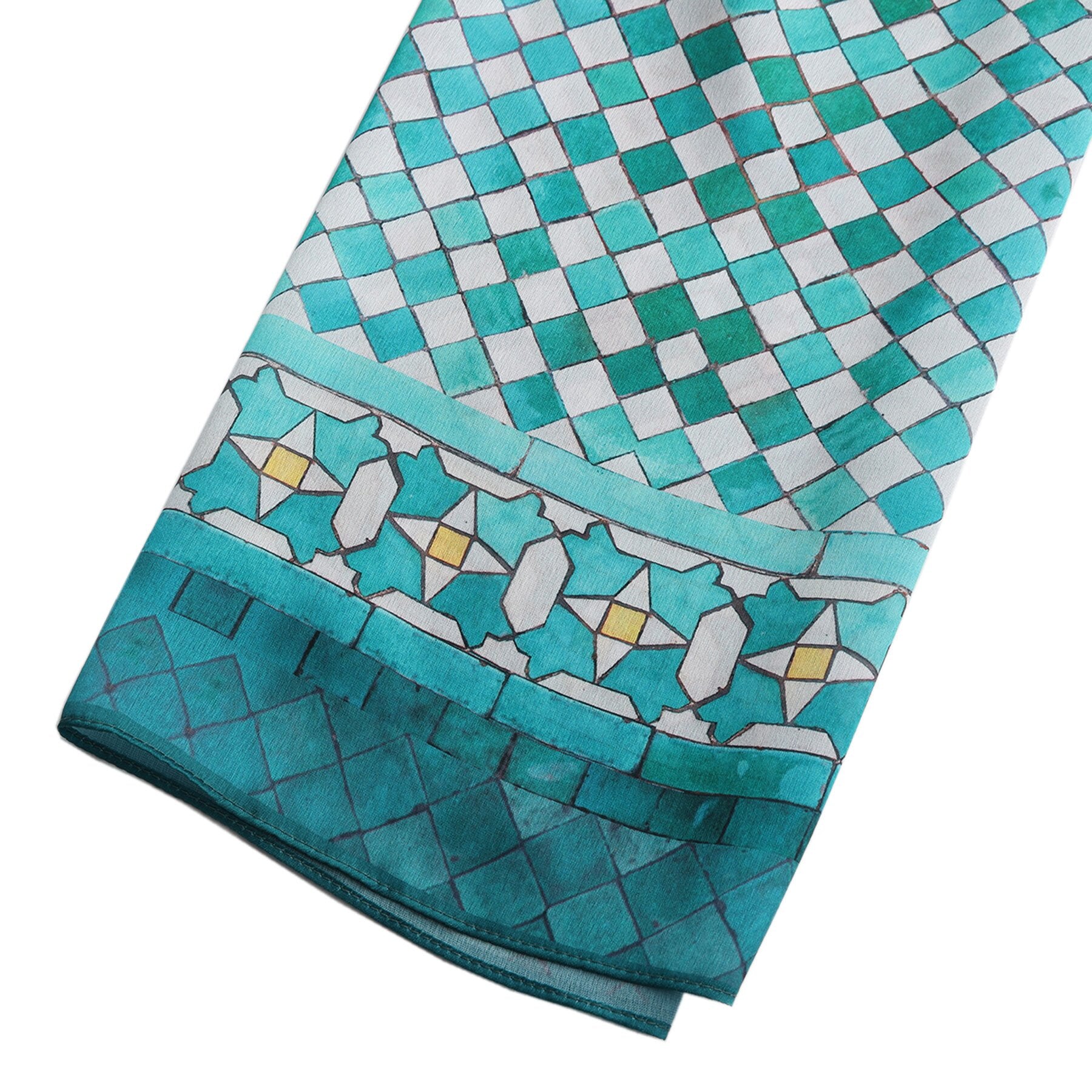 Pañuelo Naqs – estampado de mosaico andalusí en turquesa y agua, detalle 7