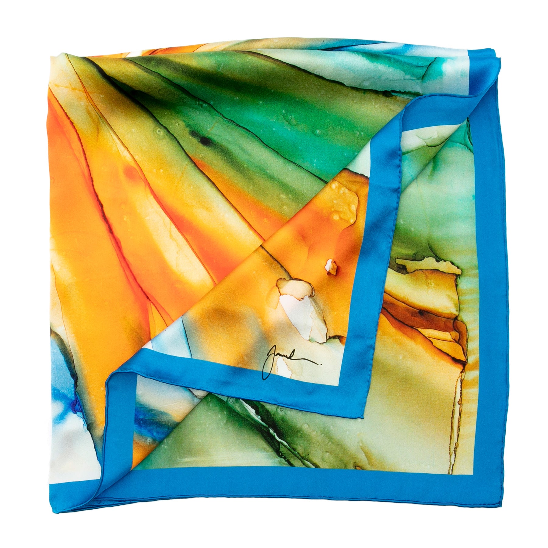 The Blue and Orange Silk Scarf Square features vibrant fluid art in orange, yellow, green, and blue with a solid bright blue border. A signature appears near the corner. The scarf is partially folded.