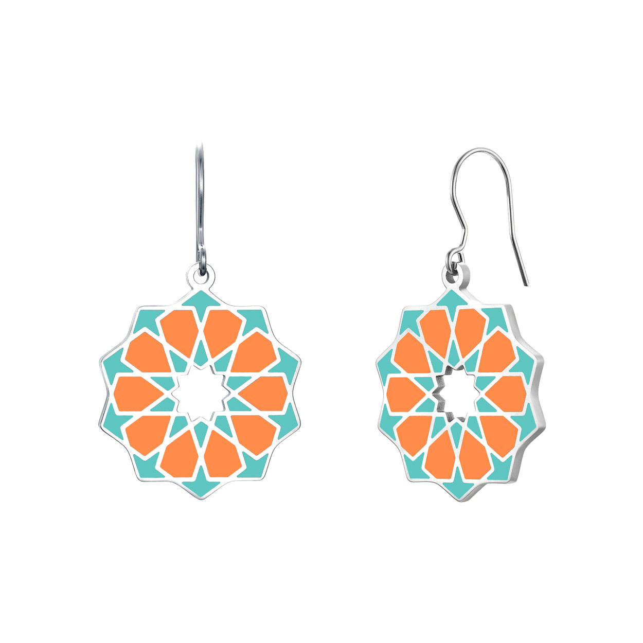 orange and blue islamic art inspired dangle earrings