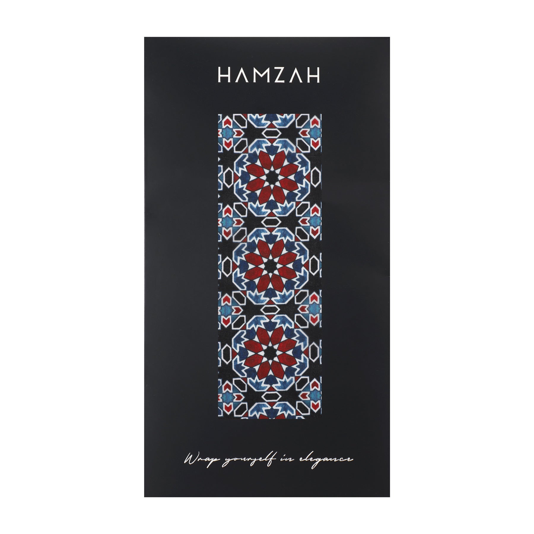 A black rectangular package displays HAMZAH at the top, a red, blue, and white Islamic tile mashrabia pattern in the center, and “Wrap yourself in luxury and elegance” at the bottom for the Red & Blue Silk Scarf Islamic Tiles Mashrabia V2.