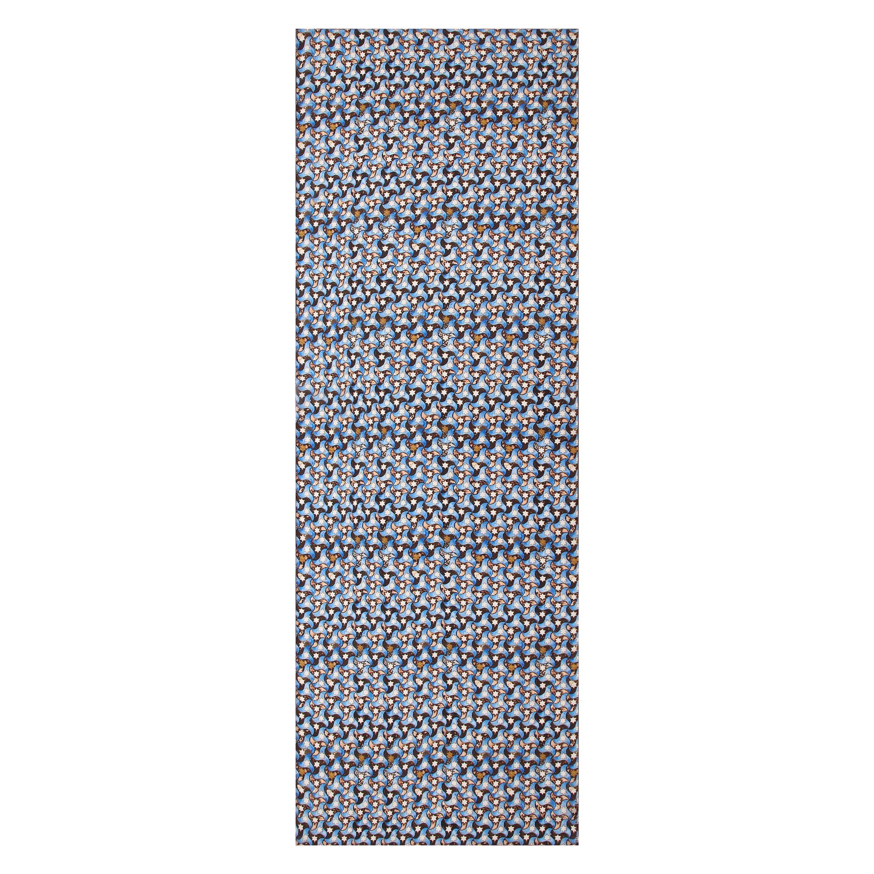 The Silk Scarf Islamic Design Pajarita features a repeating geometric pattern inspired by Andalusian designs, with small interlocking shapes in blue, white, and tan on a plain white background.