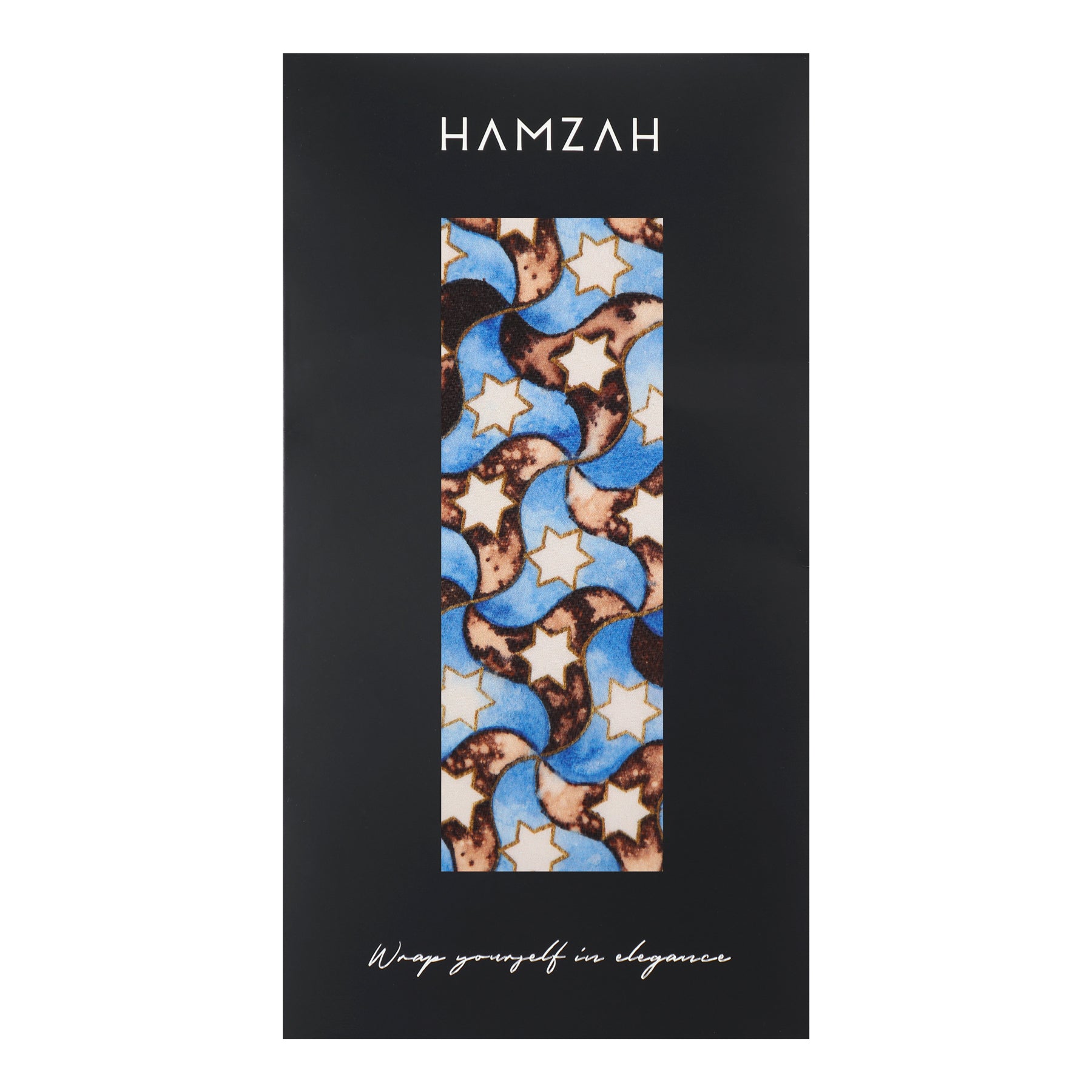 A rectangular box with HAMZAH at the top, displaying the Silk Scarf Islamic Design Pajarita—patterned with blue crescents, brown moons, beige stars, and Andalusian geometric motifs. Below reads: Wrap yourself in elegance.