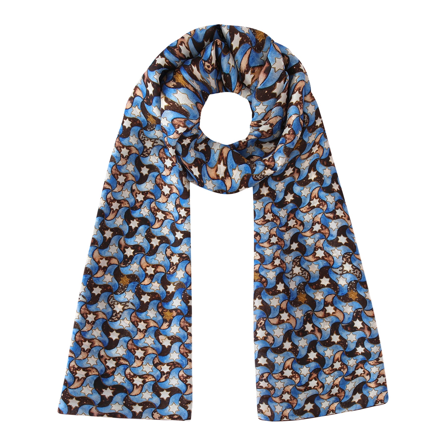 The Silk Scarf Islamic Design Pajarita features Andalusian-inspired geometric patterns in blue, beige, white, and black, with an abstract motif and a looped style draping both ends downward.